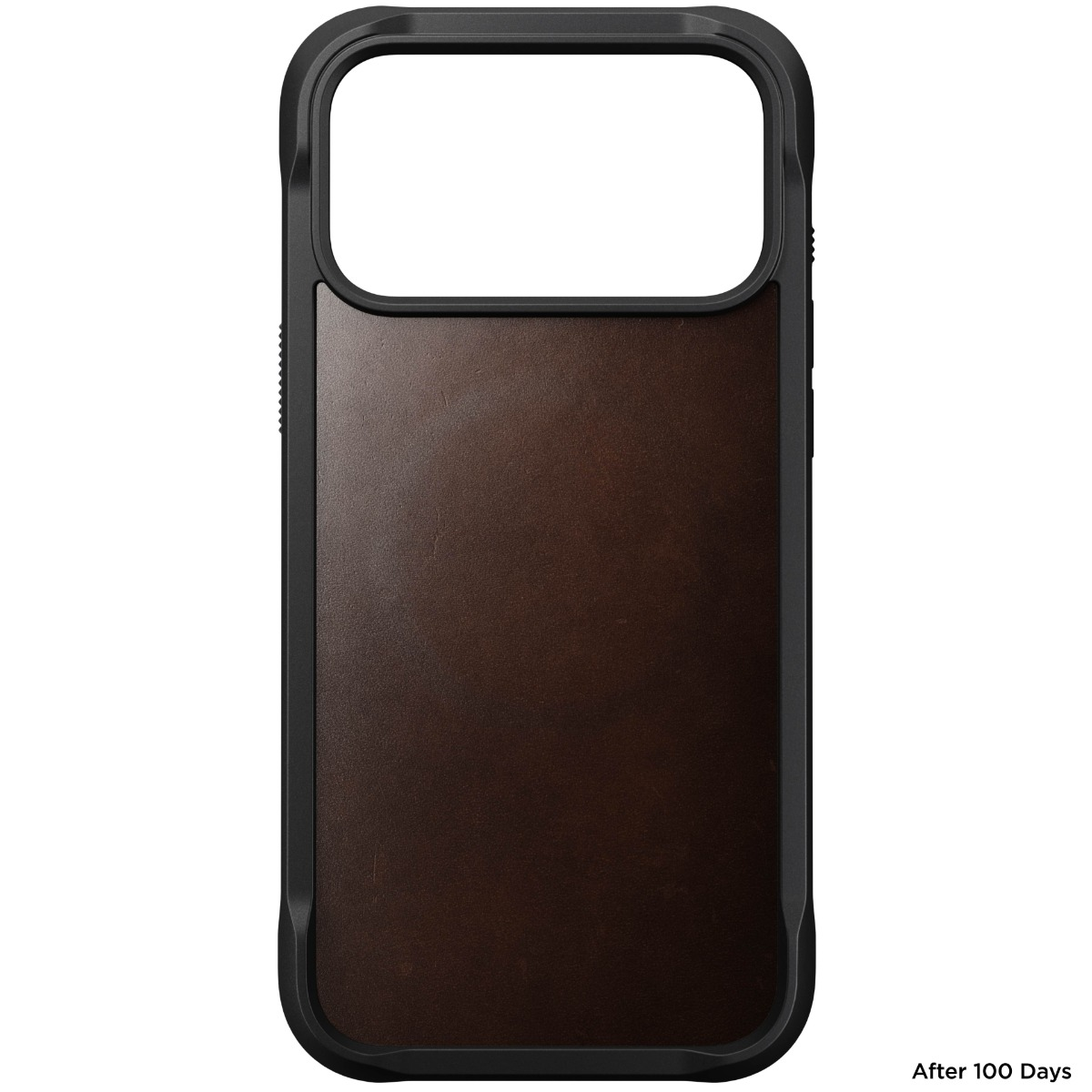 Una custodia per telefono con cornice nera e retro in pelle marrone. Ha un ritaglio per la fotocamera e i pulsanti.