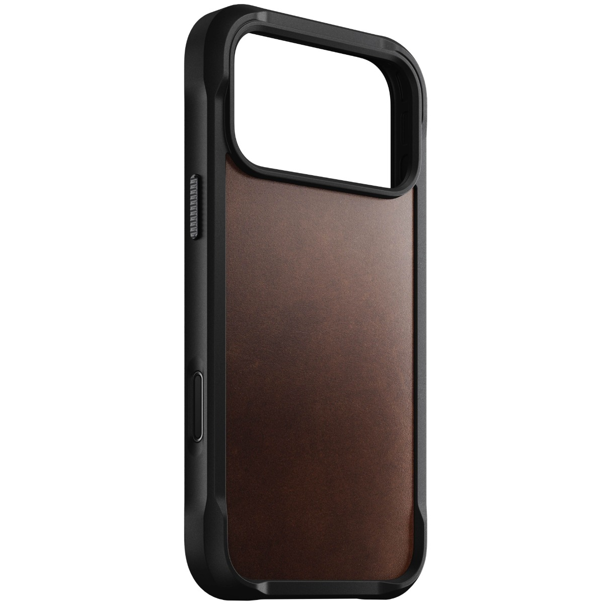 Una custodia per telefono, cornice nera con retro in pelle marrone. Il ritaglio della fotocamera è visibile in alto.