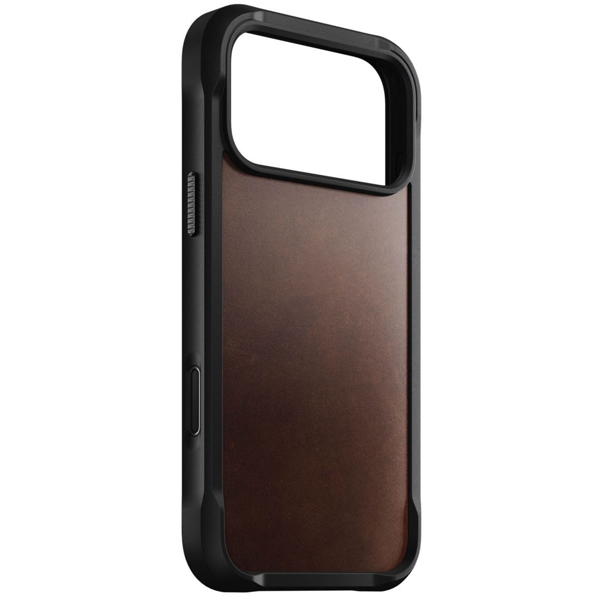 Una custodia per telefono con cornice nera e retro marrone effetto pelle. Il ritaglio della fotocamera è visibile in alto.
