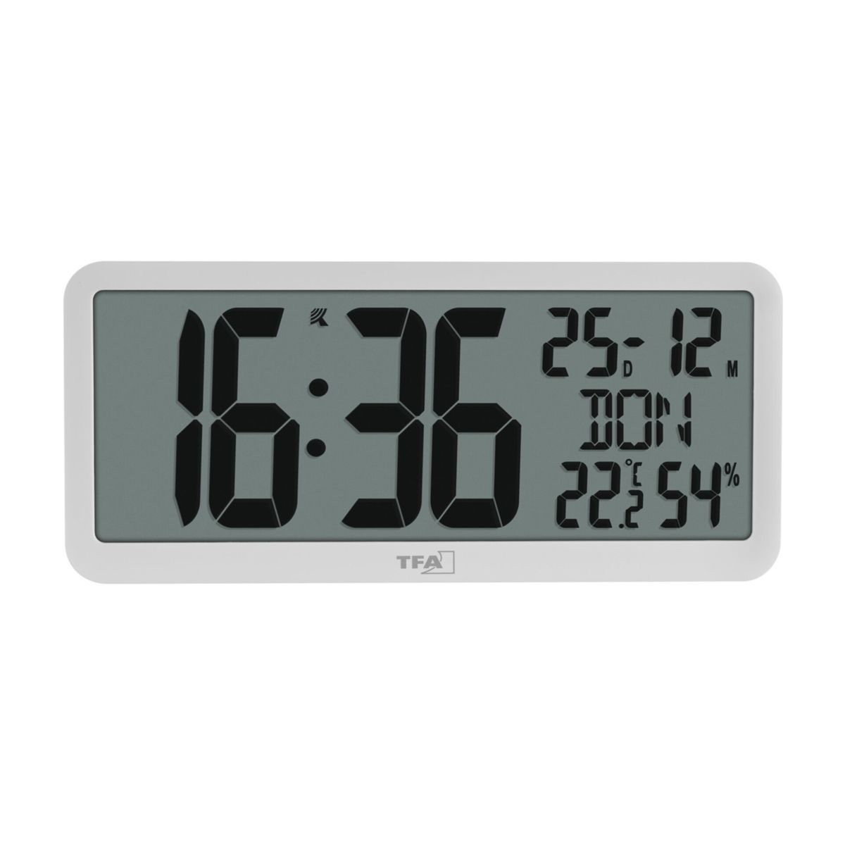 Un orologio digitale che mostra 16:36, data 25-12, giorno DON, temperatura 22.2°C e umidità 54%.