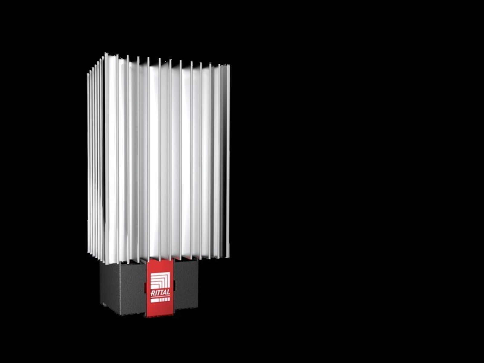 Un dispositivo metallico con alette verticali, un logo rosso e bianco e sfondo nero.