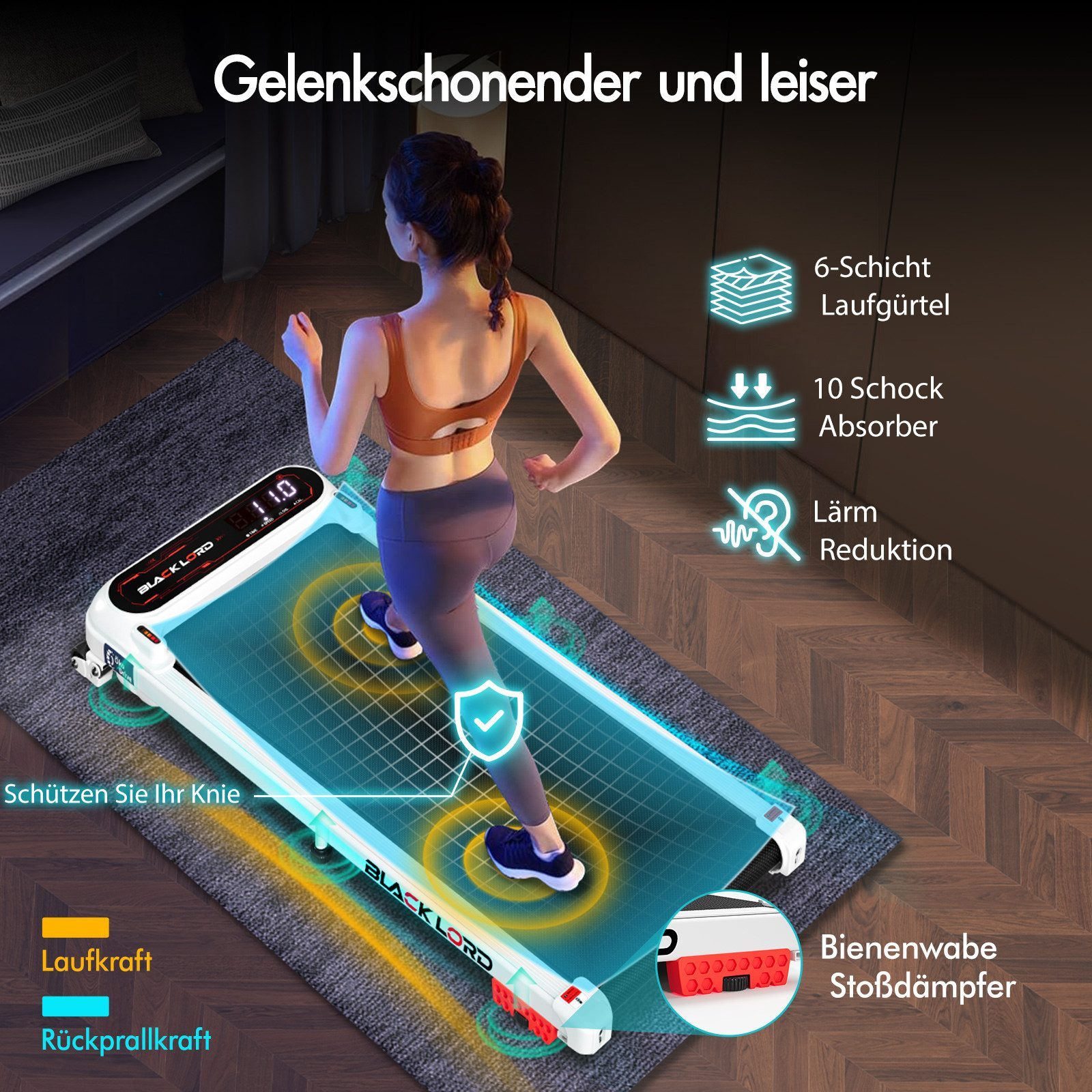 Eine Frau läuft auf einem Laufband. Die Maschine hat eine digitale Anzeige. Deutschsprachiger Text zeigt die Funktionen.