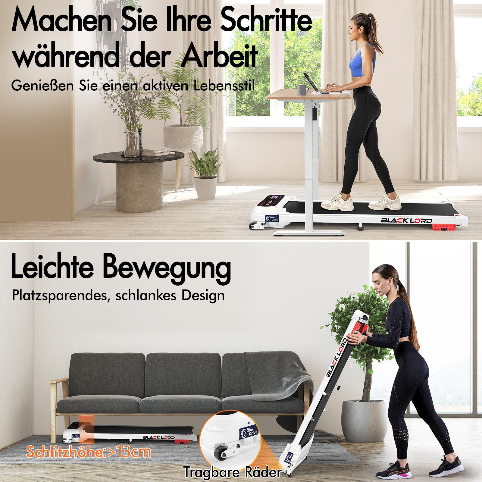 Eine Frau benutzt einen Laufband-Schreibtisch. Eine andere Frau faltet ein Laufband. Text: Mache deine Schritte während der Arbeit.