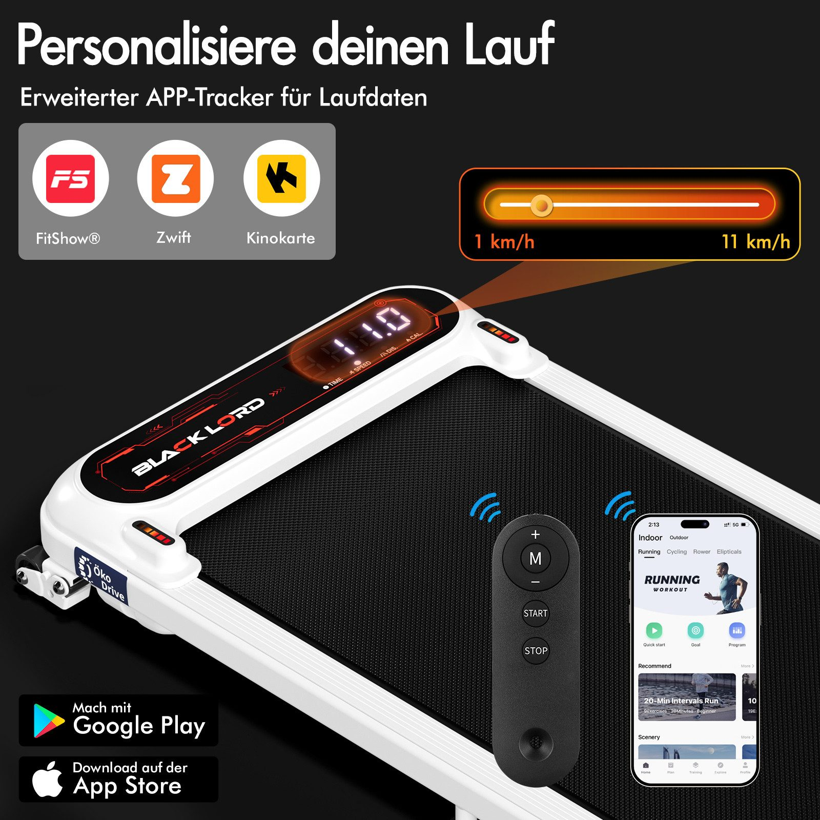 Laufband mit Anzeige. Zeigt Geschwindigkeit und Workout-Apps. Ein Telefon zeigt Lauf-Workout-Optionen.