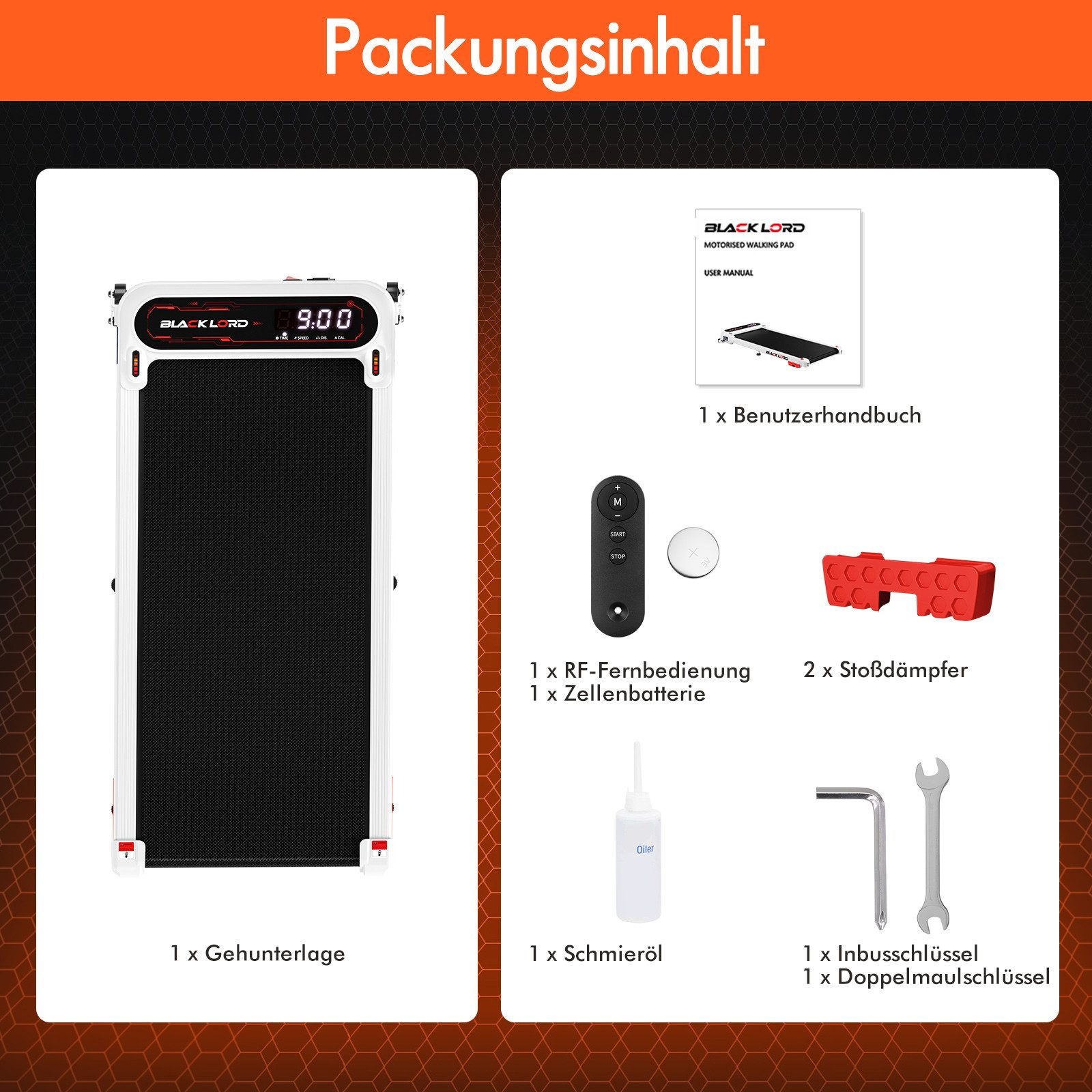 Das Bild zeigt Laufbandteile: Basis, Benutzerhandbuch, Fernbedienung, Batterie, Stoßdämpfer, Öl, Schraubenschlüssel. Das Laufband zeigt 9.00.