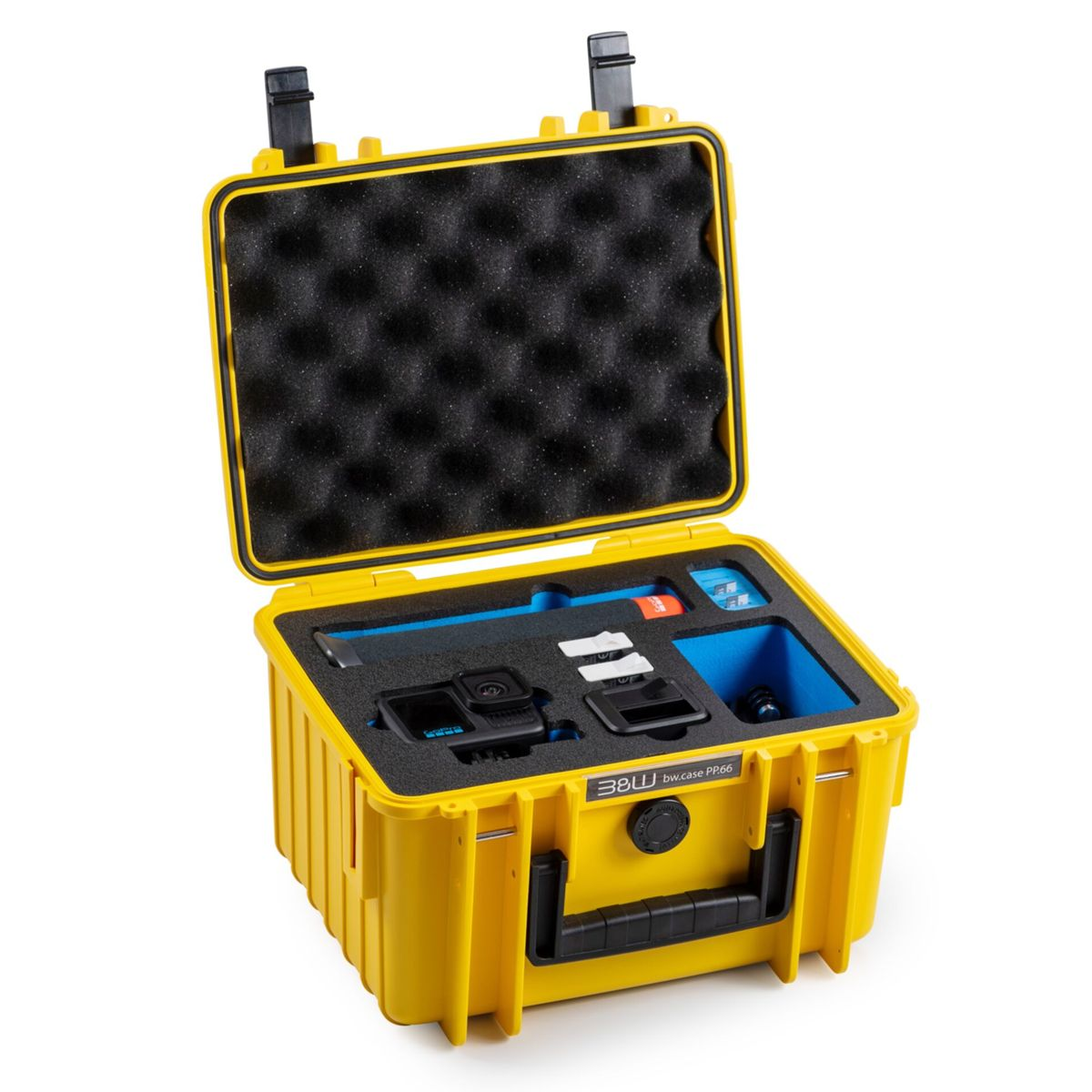 Offener gelber Koffer mit Schaumstoff-Innenausstattung. Enthält Kamera, Zubehör und blaue und schwarze Einsätze. Schwarzer Griff und Verschlüsse.