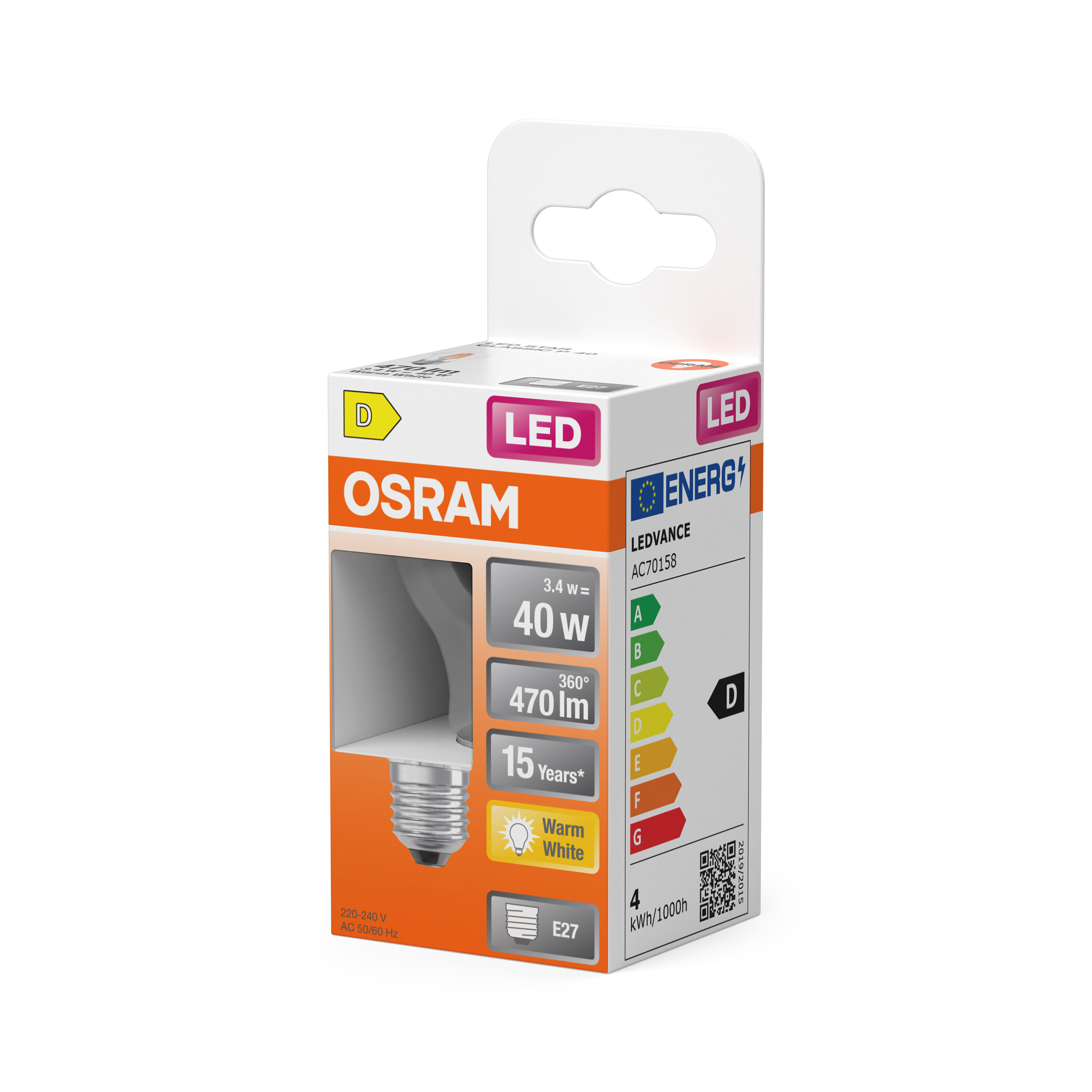 Una scatola di lampadine a LED del marchio OSRAM. Ha una classe di efficienza energetica D e attacco E27.