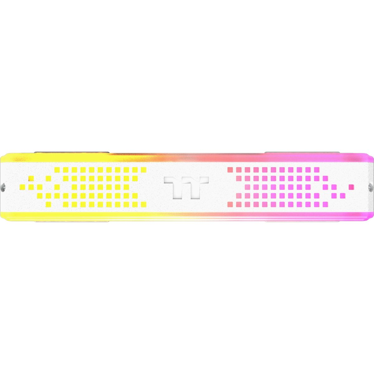 Un dispositivo blanco con luces LED coloridas. El dispositivo tiene forma rectangular con degradados amarillos y rosas. Se ven pequeñas luces cuadradas.