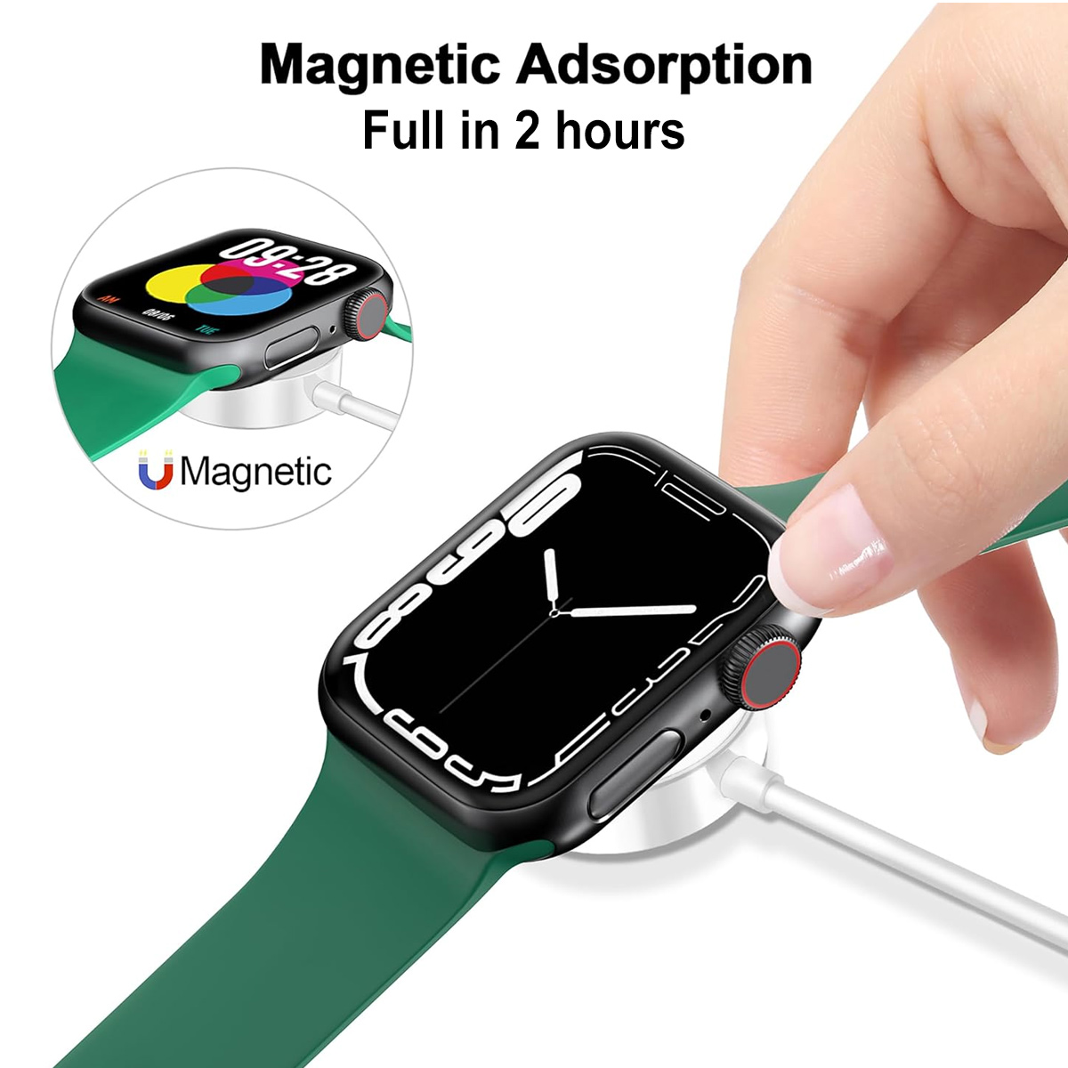 Eine Hand hält eine grüne Smartwatch auf einer weißen Ladestation. Das Ziffernblatt zeigt die Uhrzeit an. Die Uhr wird magnetisch geladen.
