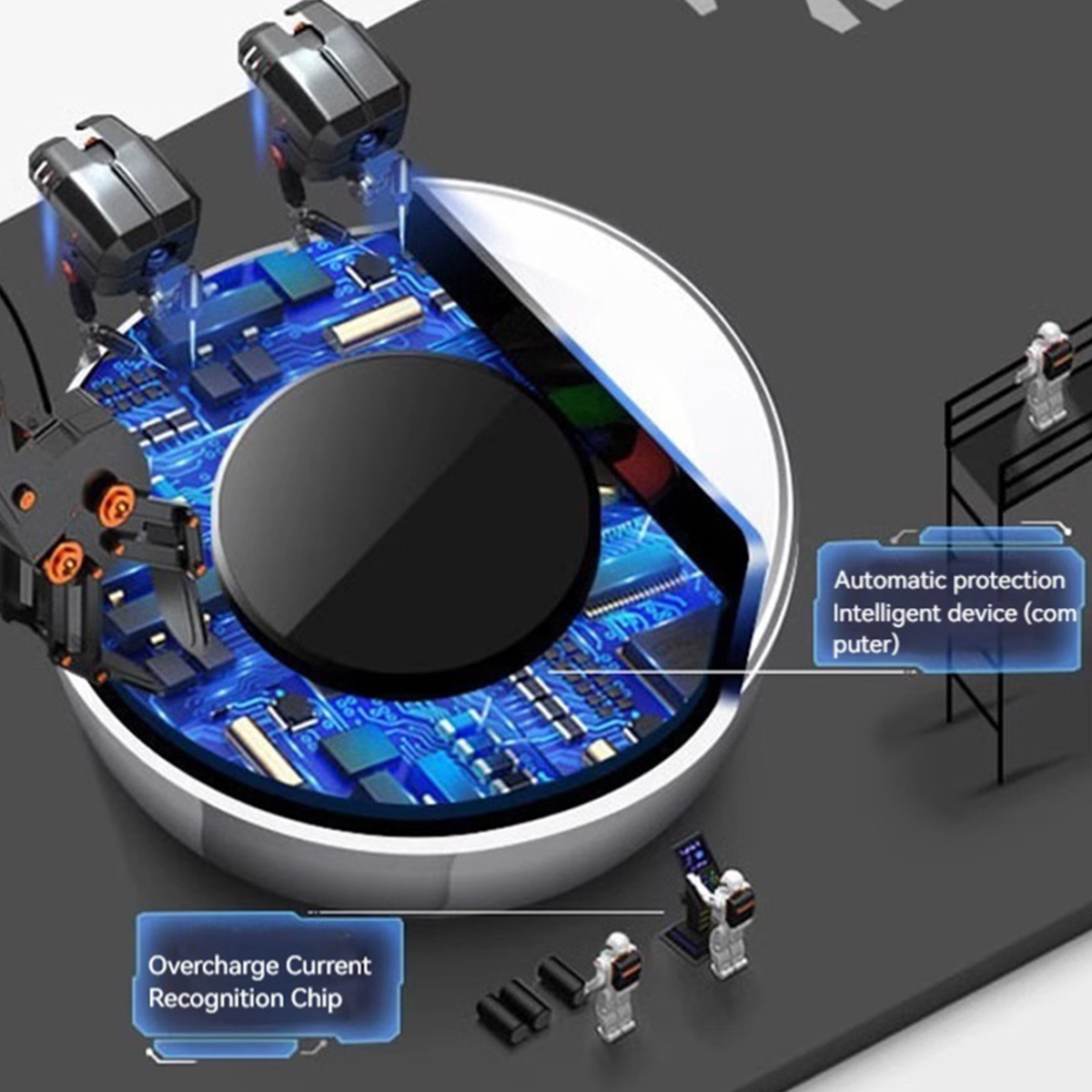 Ein technisches Diagramm zeigt eine schwarze Scheibe, Roboterarme und elektronische Komponenten. Textbezeichnungen beschreiben Überlastschutz und intelligentes Gerät.