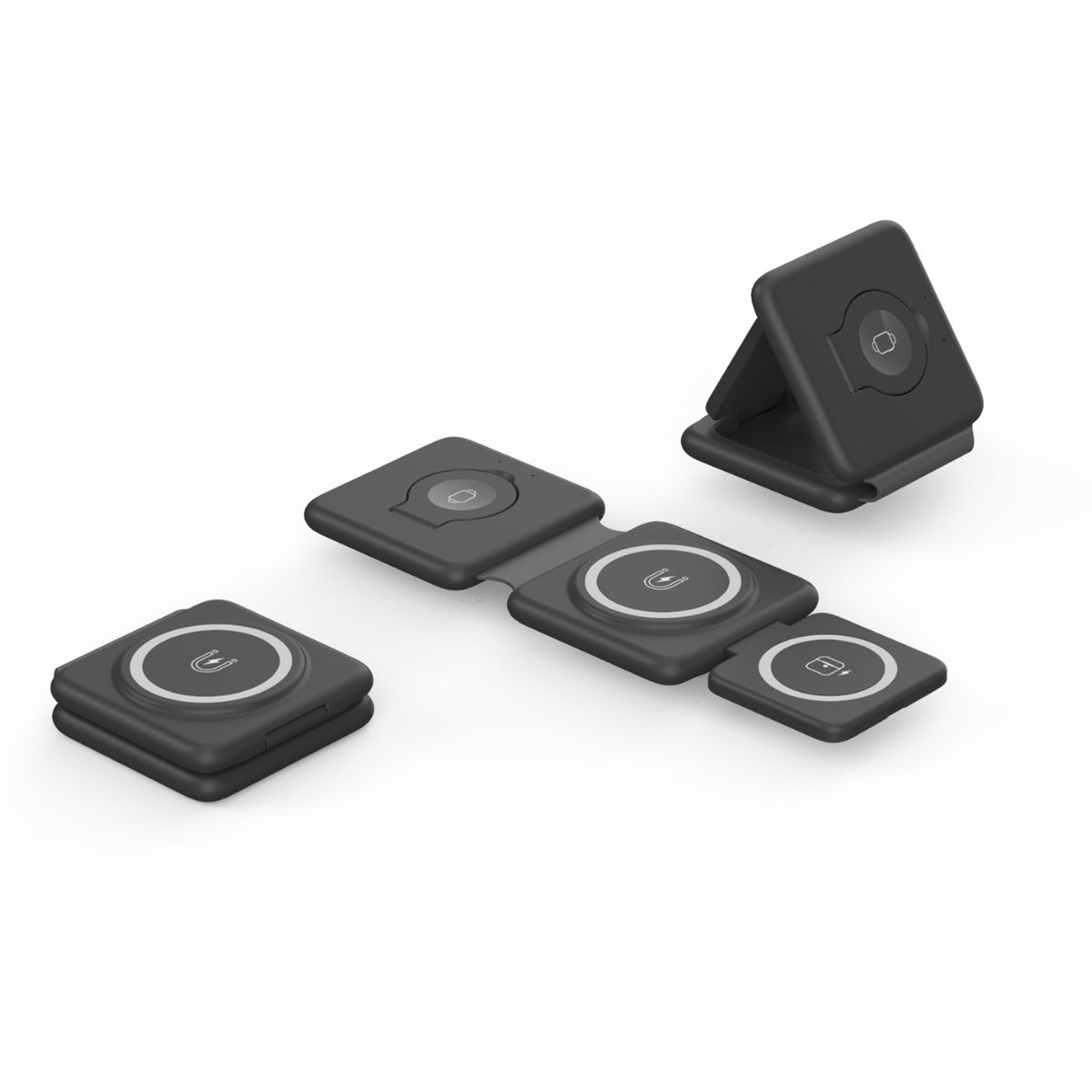 Schwarzes kabelloses Ladegerät mit mehreren Pads, einige gefaltet. Jedes Pad hat einen weißen Kreis mit Symbol.