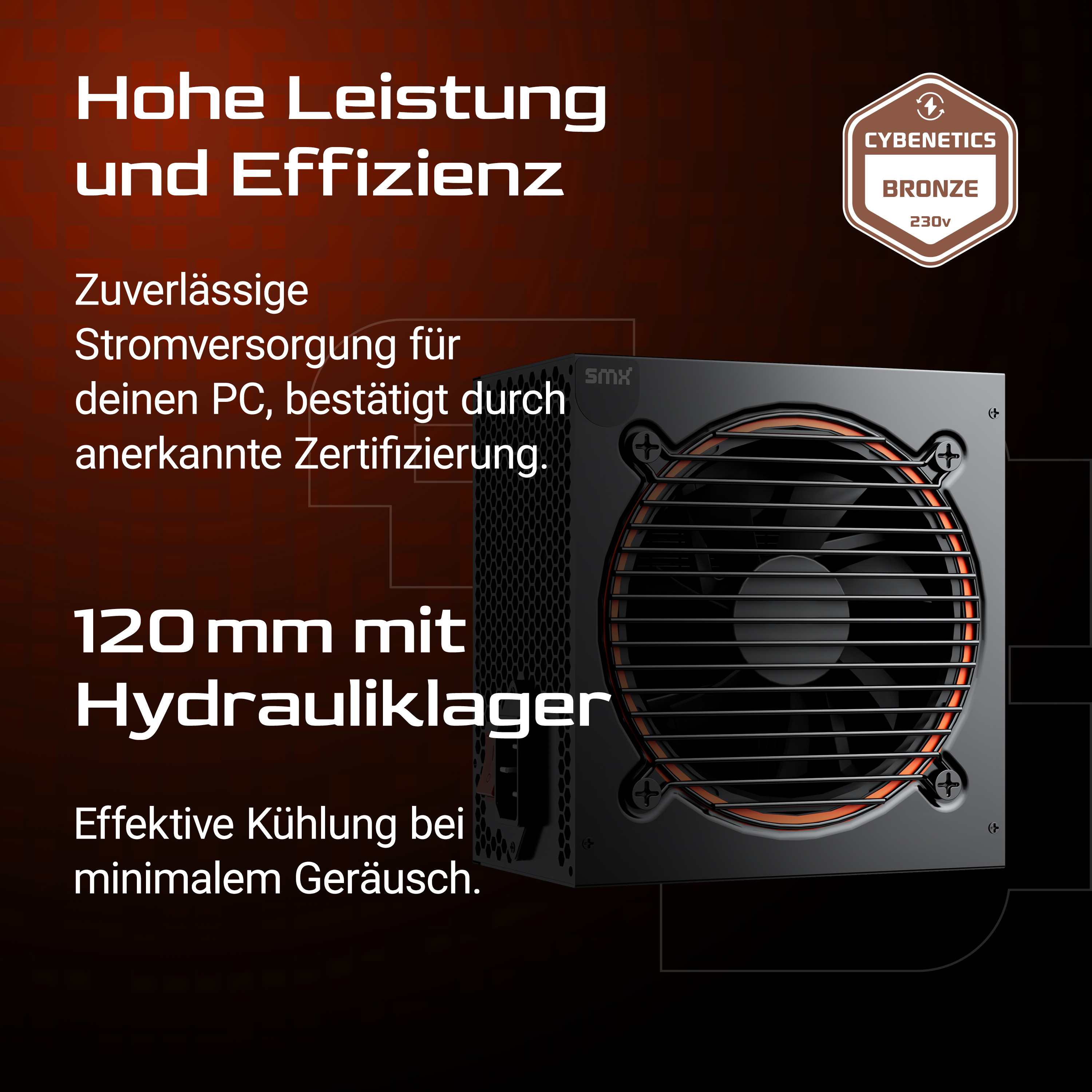 Ein Computer-Netzteil mit Lüfter und Branding. Text zeigt Leistungs- und Effizienzdetails.