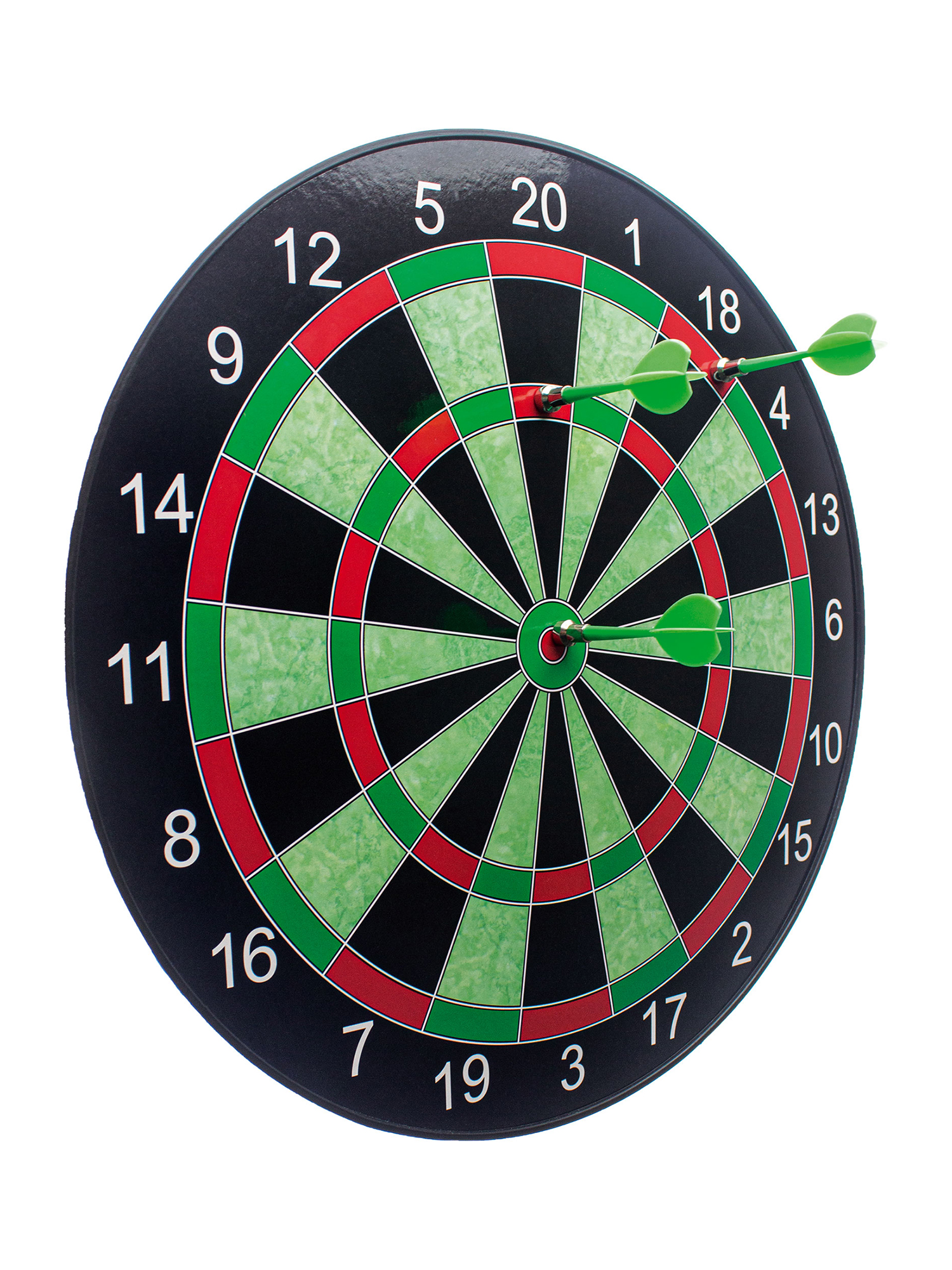Eine Dartscheibe mit grünen und roten Abschnitten, die am Rand nummeriert sind. Zwei grüne Darts stecken in der Scheibe.