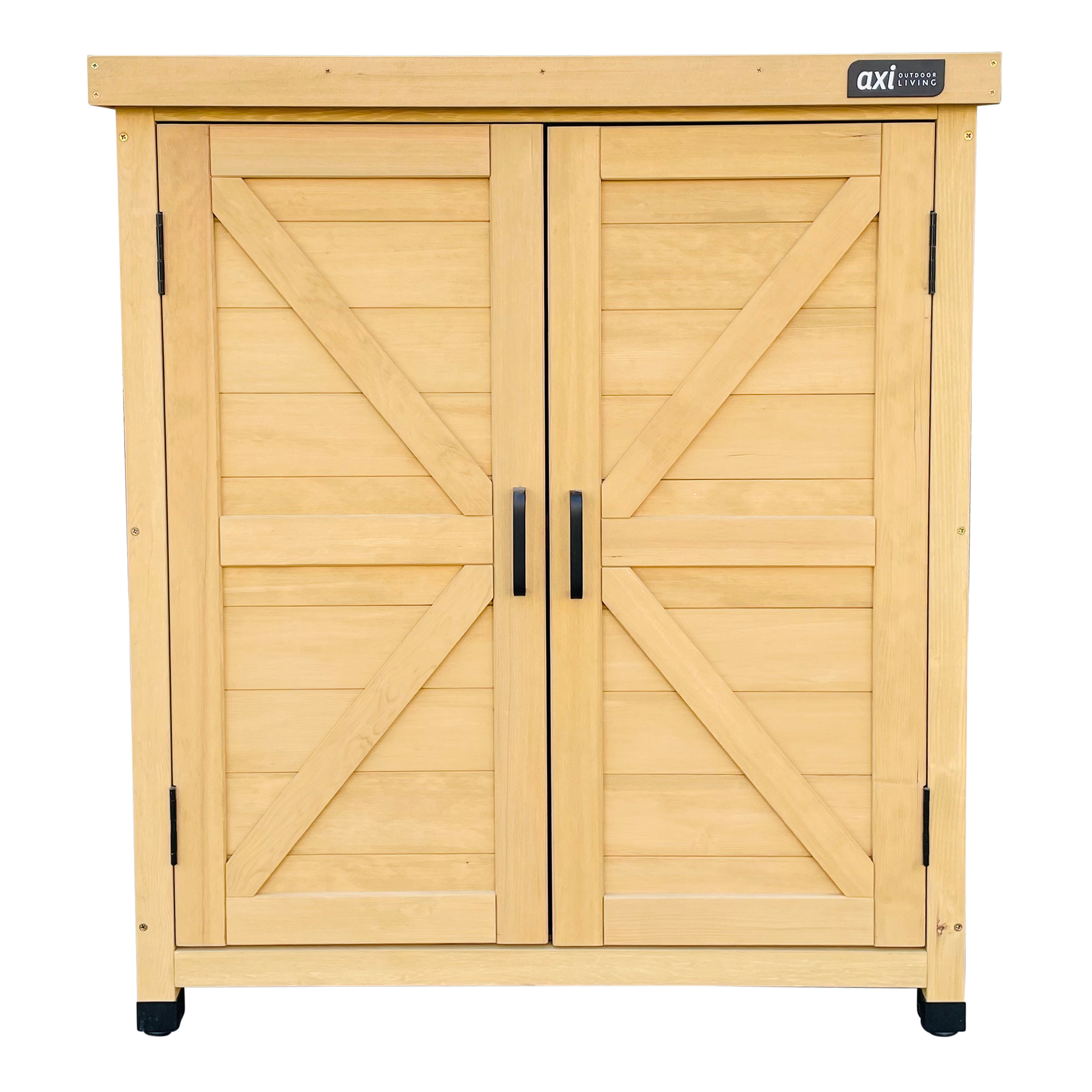 Ein helles Holzschrank mit zwei Türen und schwarzen Griffen. Die Türen haben ein diagonales Kreuzdesign.