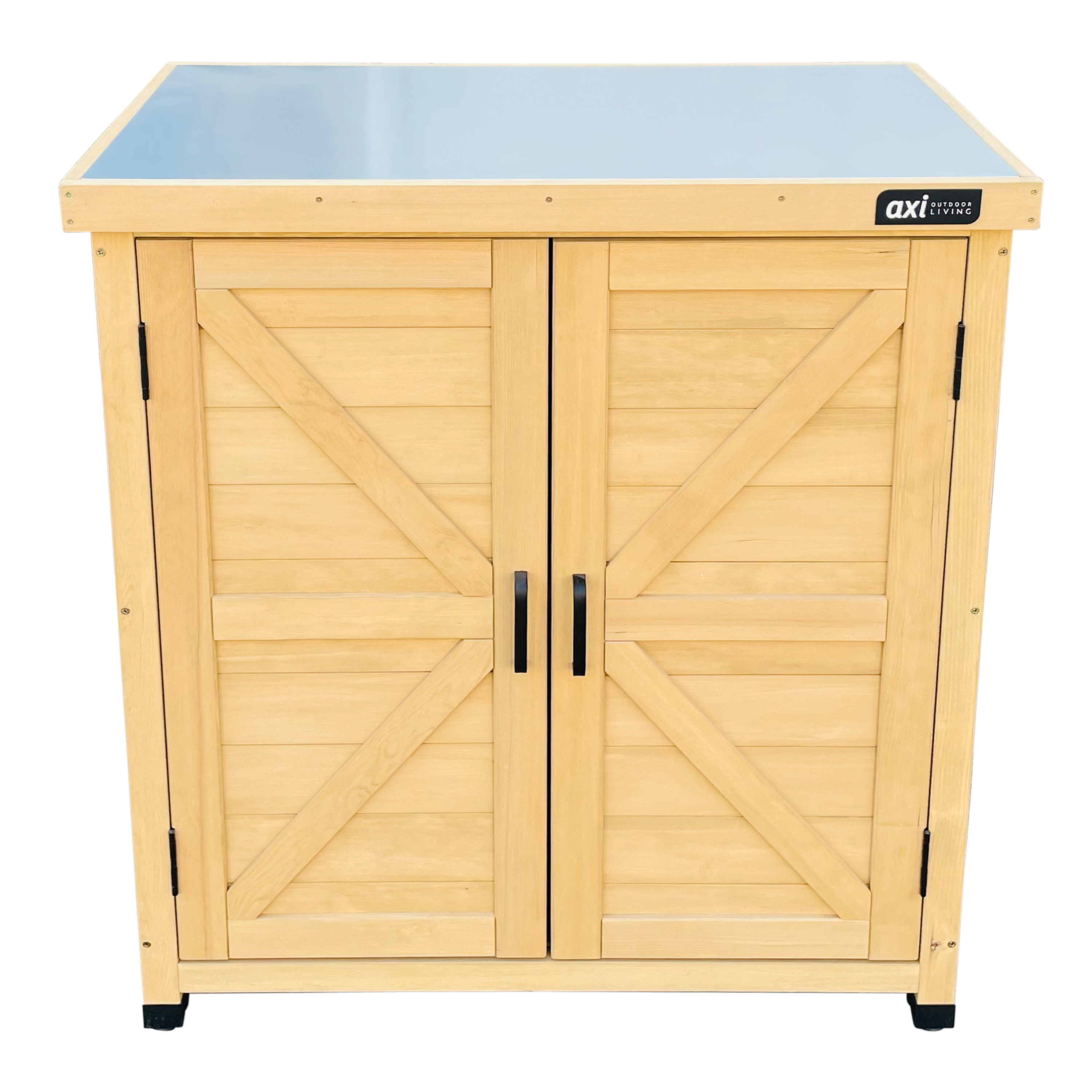 Holz-Outdoor-Stauraumschrank mit blauem Dach, zwei Türen und schwarzen Griffen.