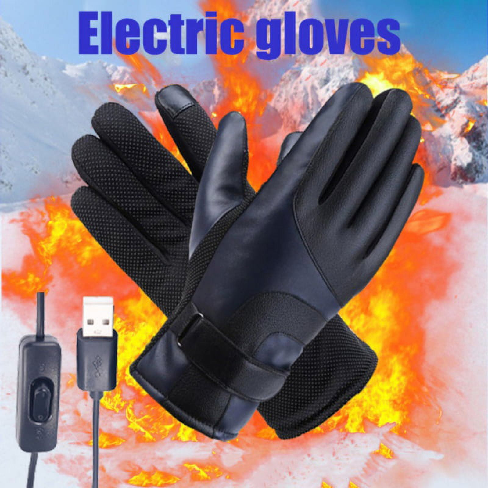 Schwarze elektrische Handschuhe mit USB-Kabel und Schalter auf einem Hintergrund aus Feuer und einem schneebedeckten Berg.