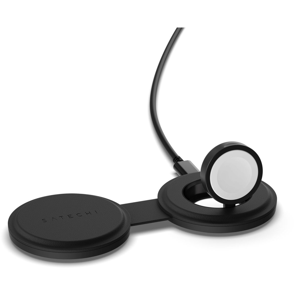 Schwarzes Satechi Apple Watch Ladegerät. Es hat eine runde Basis und ein scheibenförmiges Ladepad, verbunden durch einen flachen Arm.