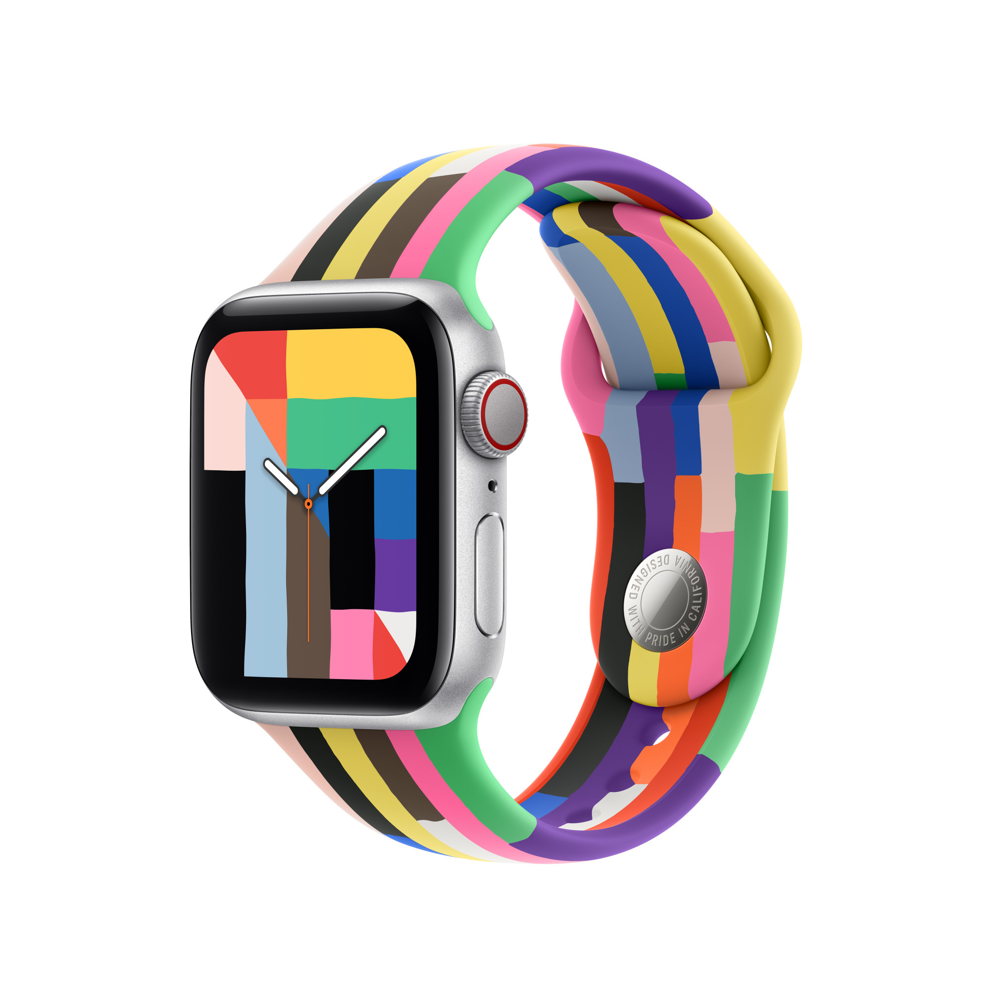 Apple Watch argento con cinturino a righe colorate. Il quadrante mostra un design geometrico multicolore.