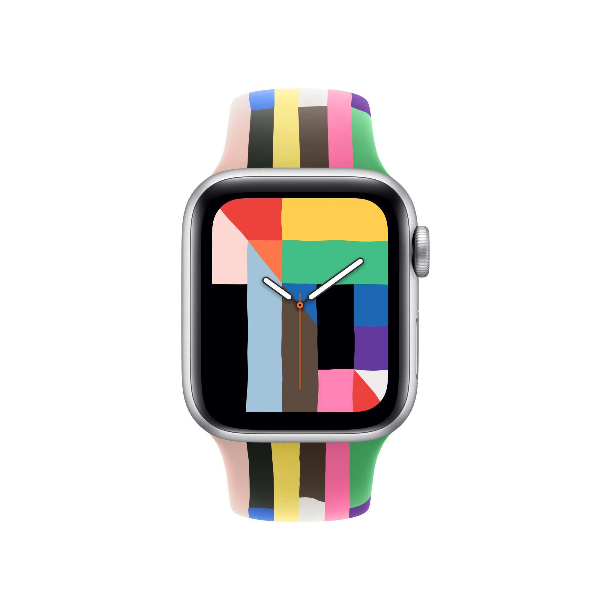 Apple Watch argentato con cinturino colorato. Il quadrante mostra un design geometrico. Il cinturino ha strisce verticali.