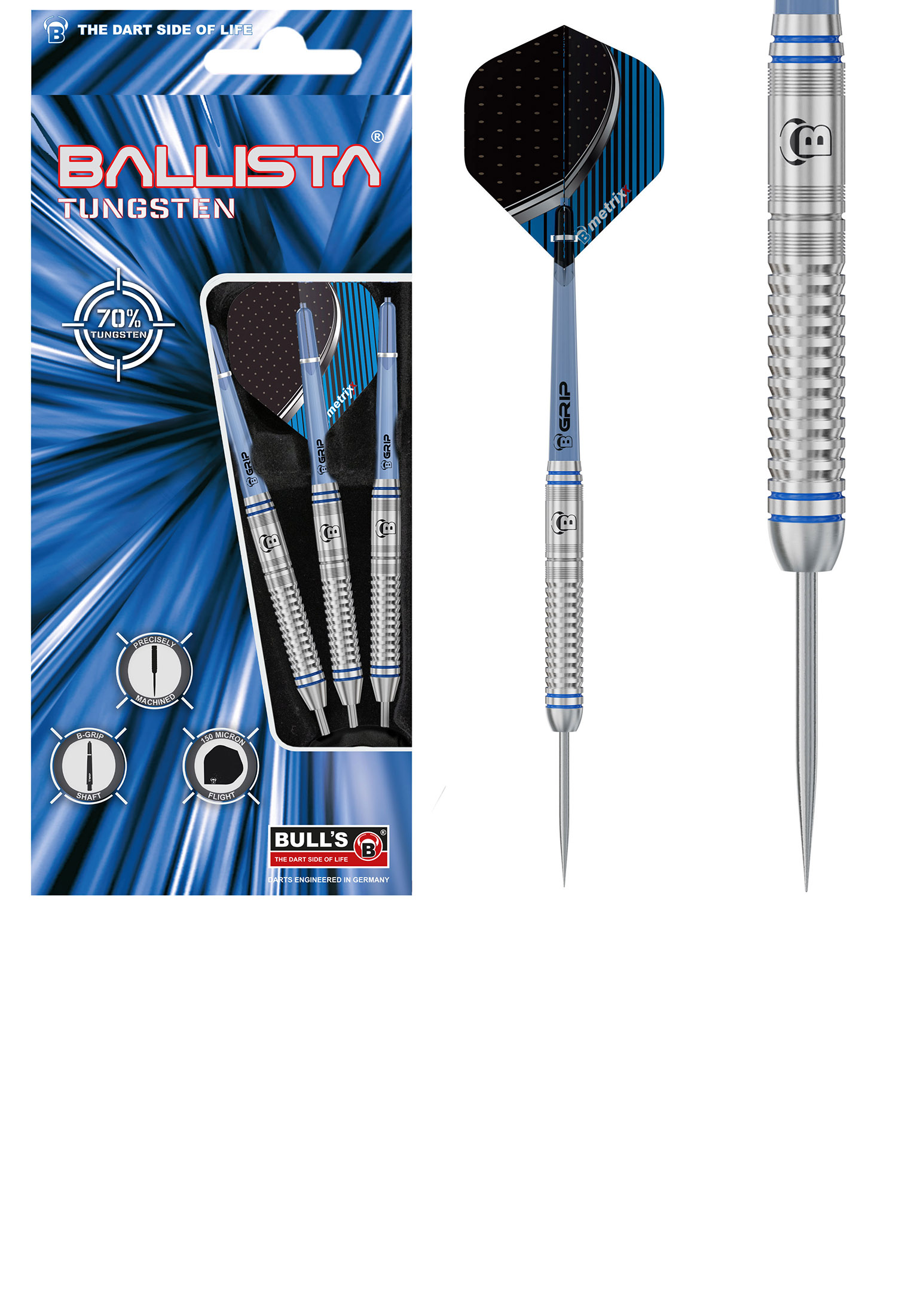 Das Bild zeigt Dart-Verpackungen. Die Packung enthält drei silberne Darts mit blauen Akzenten. Die Verpackung hat den Markennamen 'Ballista'.