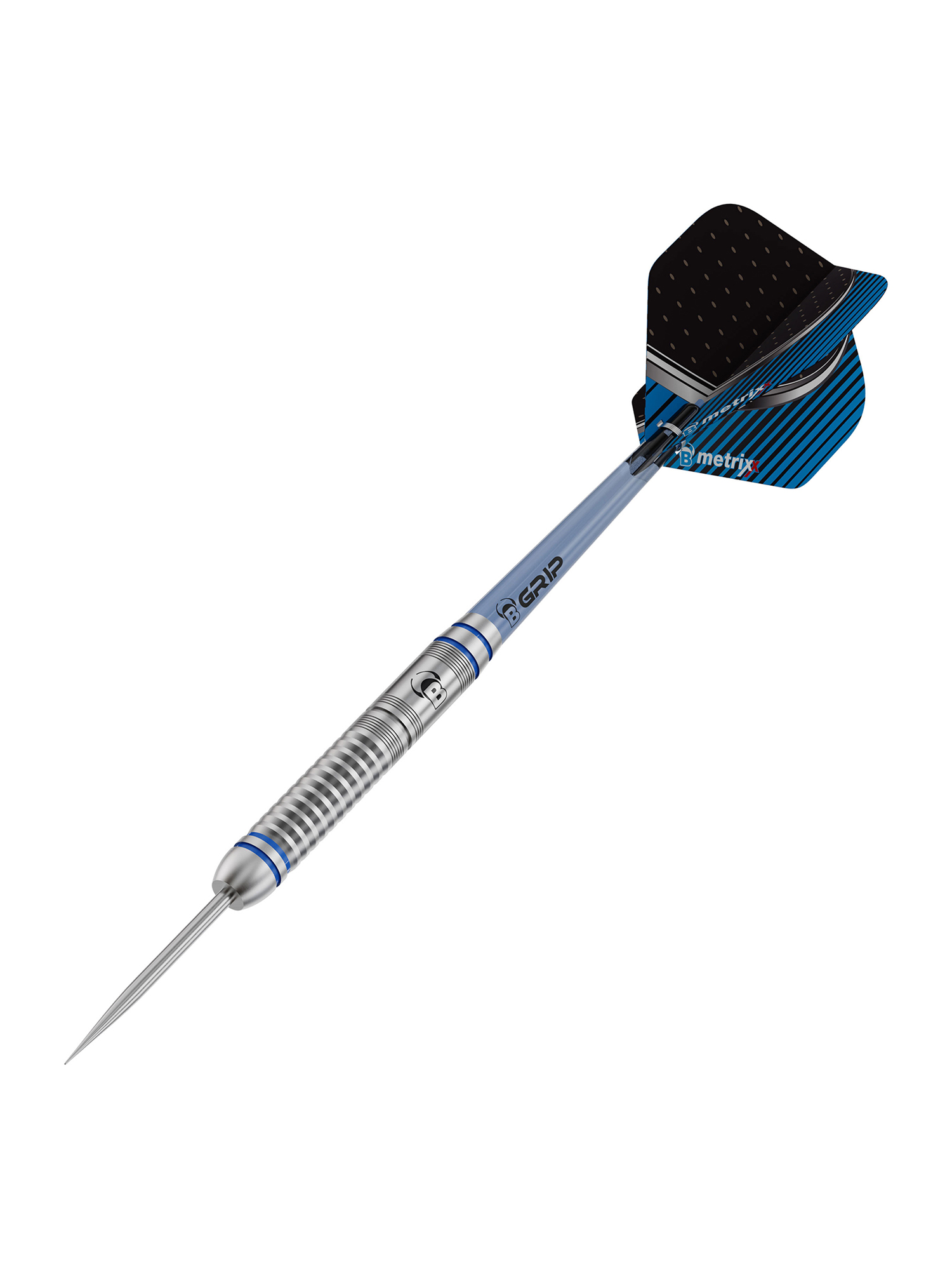 Ein Dart mit silbernem Körper und blauen Akzenten. Die Flossen sind schwarz und blau. Der Hintergrund ist weiß.