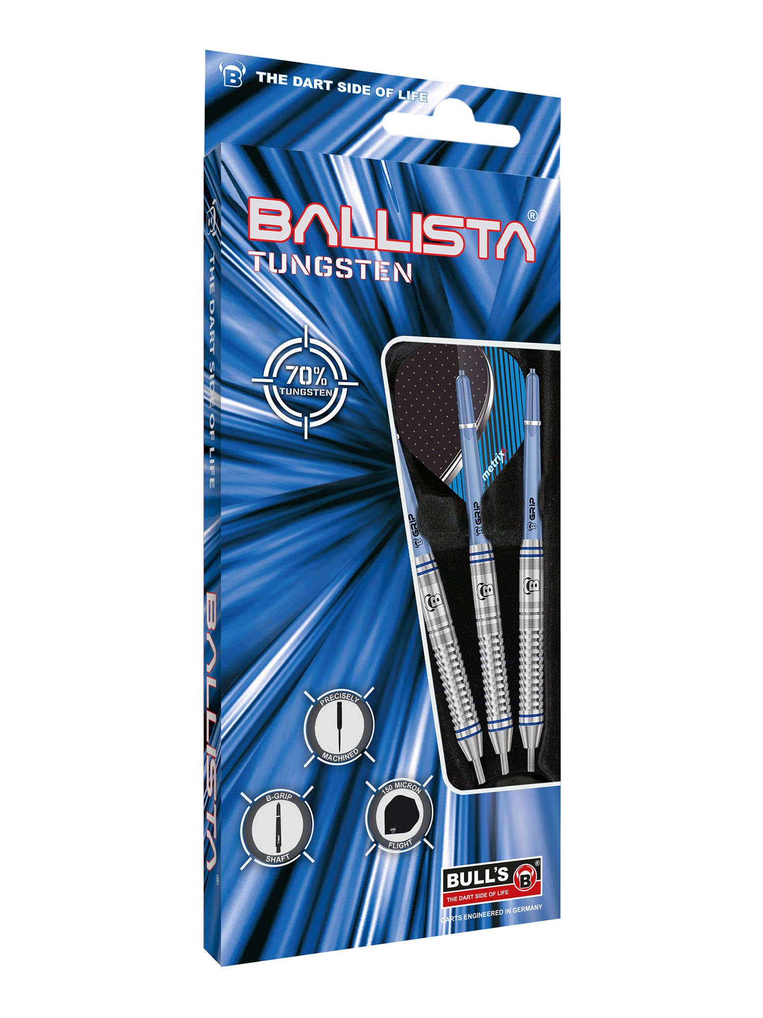 Eine Packung Ballista-Wolfram-Dartpfeile. Die Packung ist blau und weiß mit Bildern der Darts und Logos.