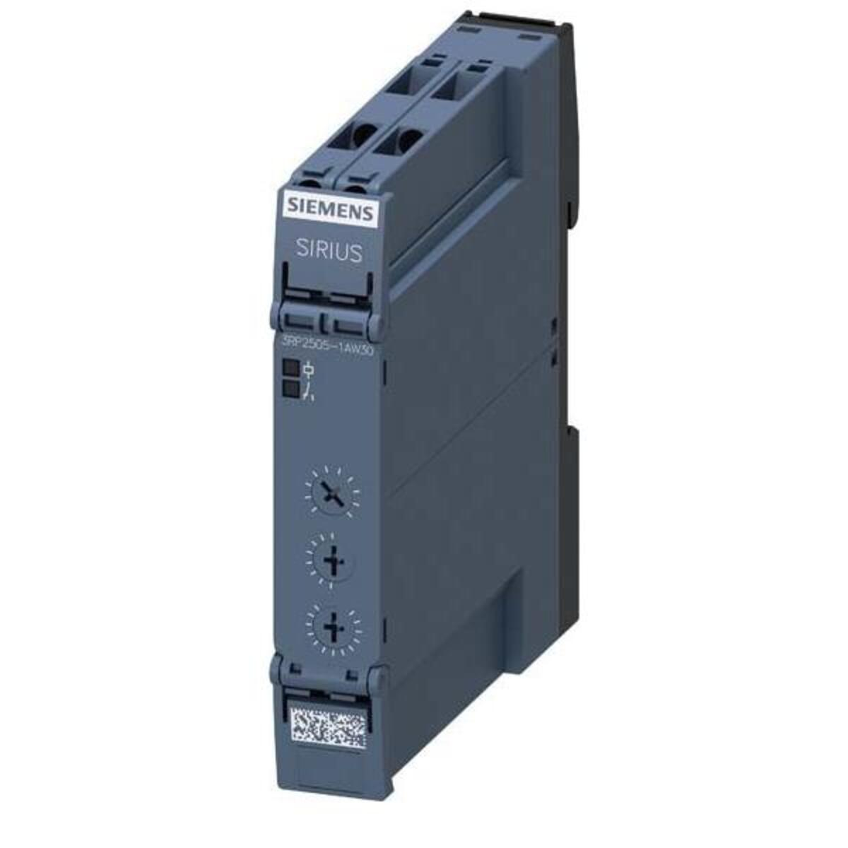 Un dispositivo industriale Siemens Sirius grigio. Ha pulsanti e marcature. Il dispositivo è rettangolare con fessure in alto e un'etichetta.