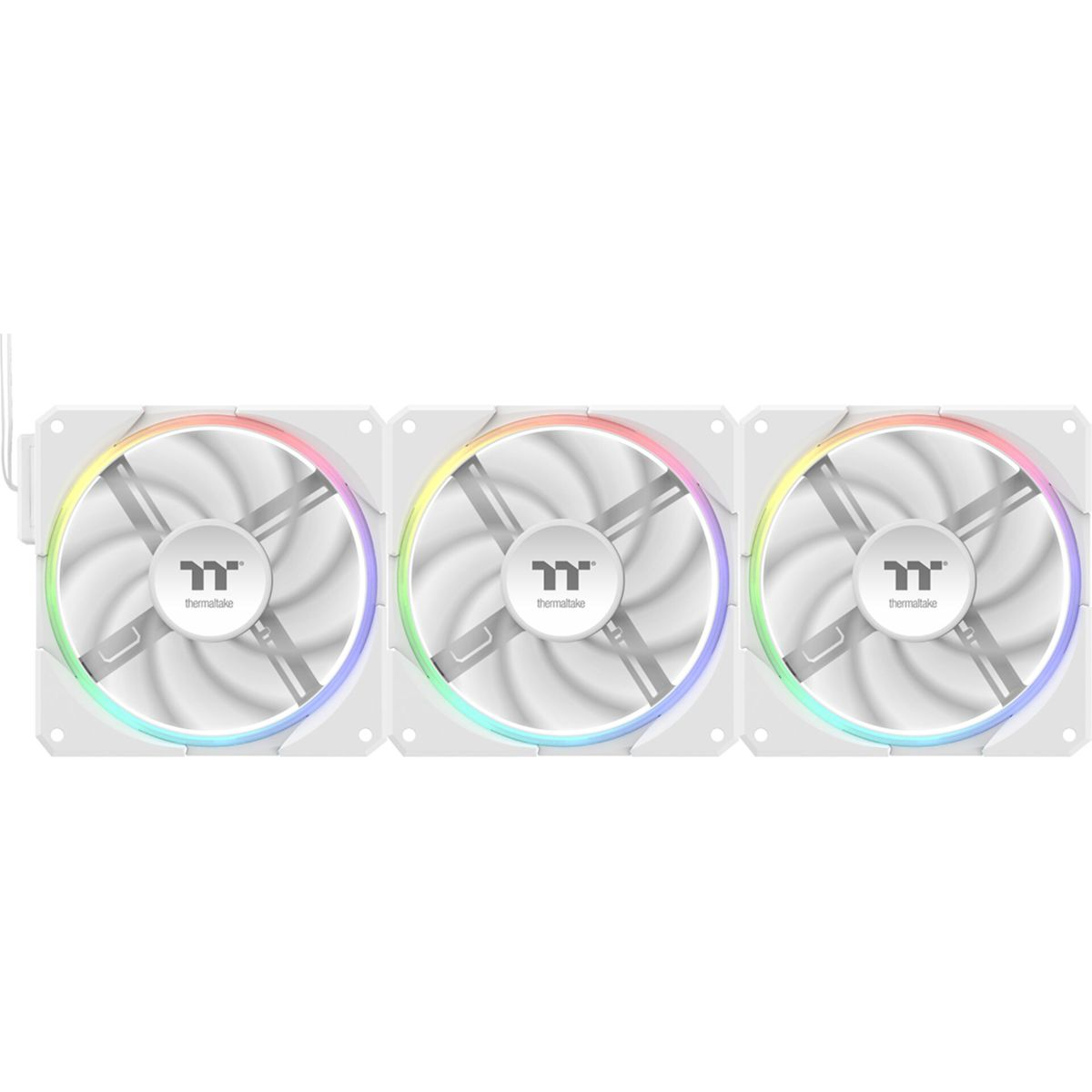 Tre ventole per computer bianche con anelli LED color arcobaleno. Ogni ventola ha un logo Thermaltake al centro.