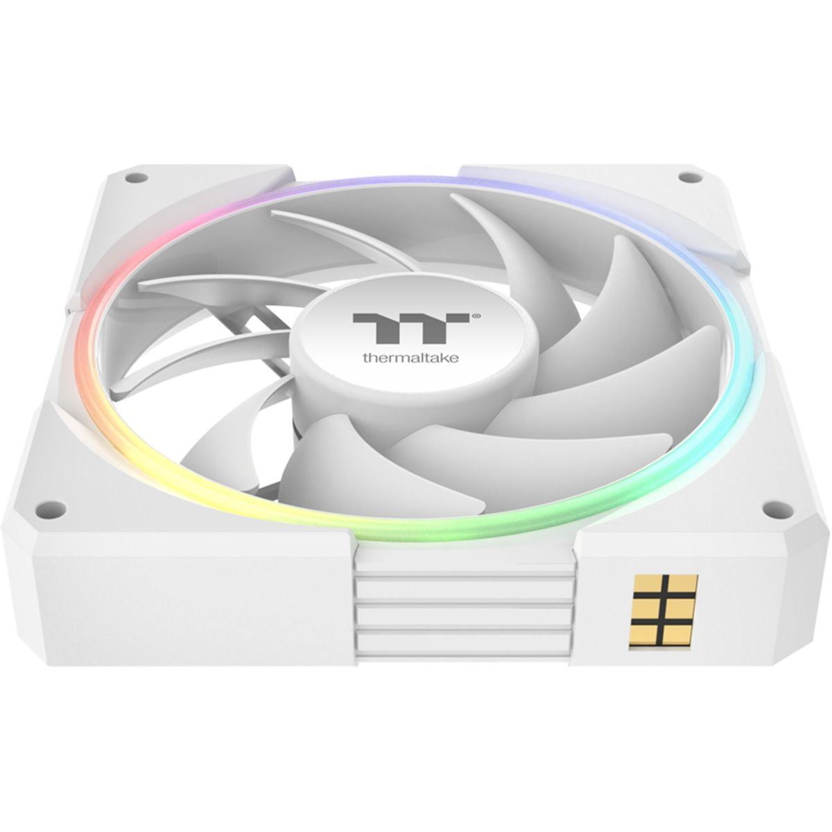 Ventola per computer bianca con anello LED arcobaleno. Il centro ha il logo Thermaltake, le pale sono bianche. La ventola è quadrata.