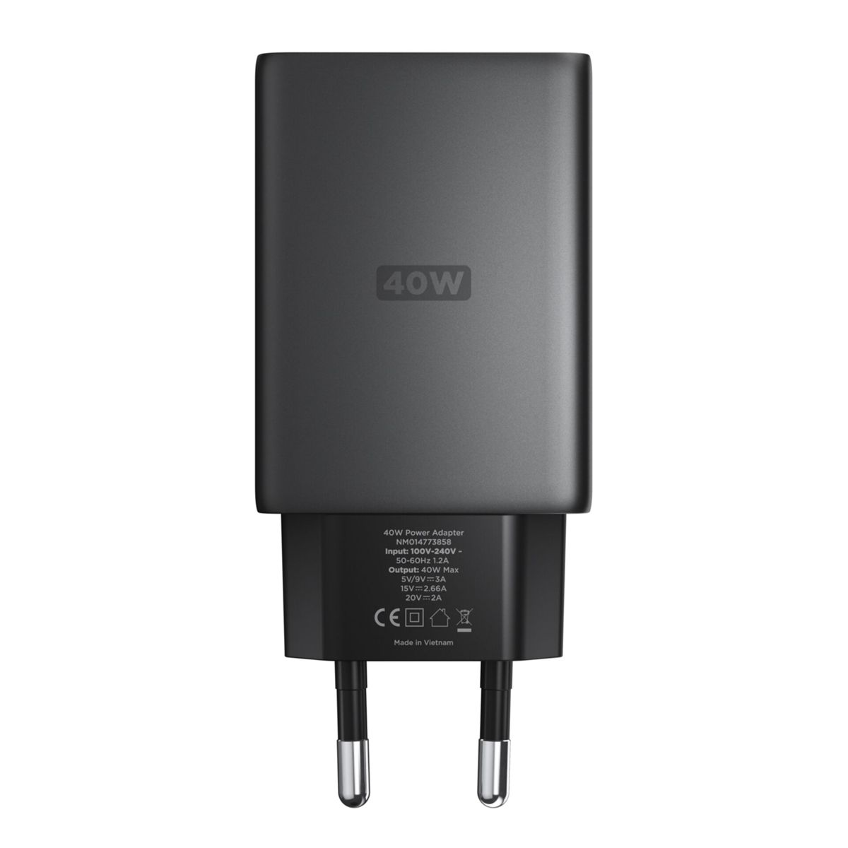 Ein dunkelgraues 40-W-Netzteil mit Eurostecker. Aufschrift: 40W, Eingangs-/Ausgangsinformationen und 'Made in Vietnam'.