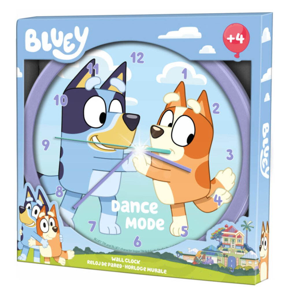 Eine Bluey-Uhr. Bluey und Bingo tanzen. Zahlen 1-12. 'Dance Mode' geschrieben. Blaue und orange Farben. Box sagt 'Bluey'.