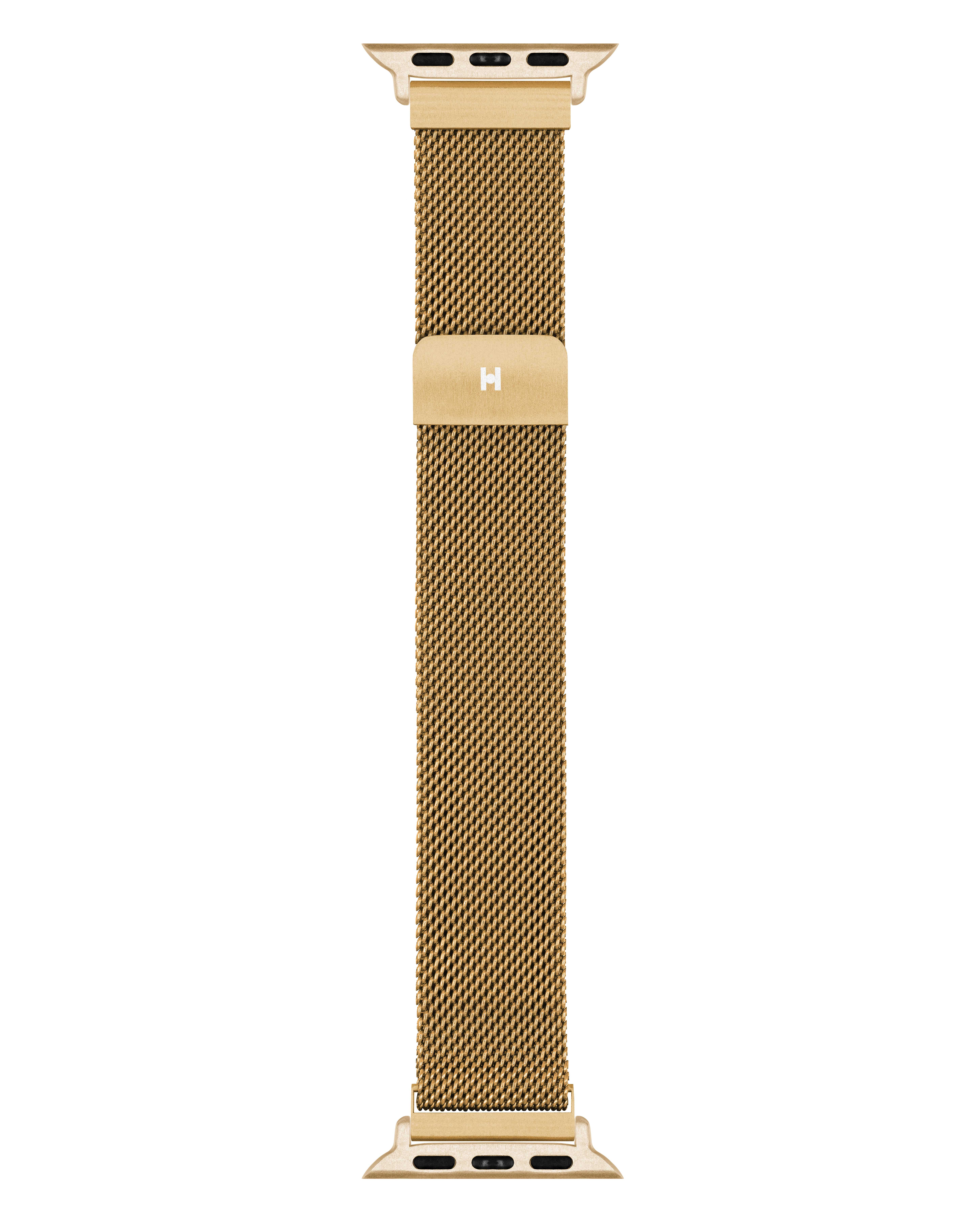 Ein goldfarbenes Apple Watch-Armband mit Netzdesign. Es hat einen Verschluss mit einem 'H'-Logo. Der Hintergrund ist weiß.