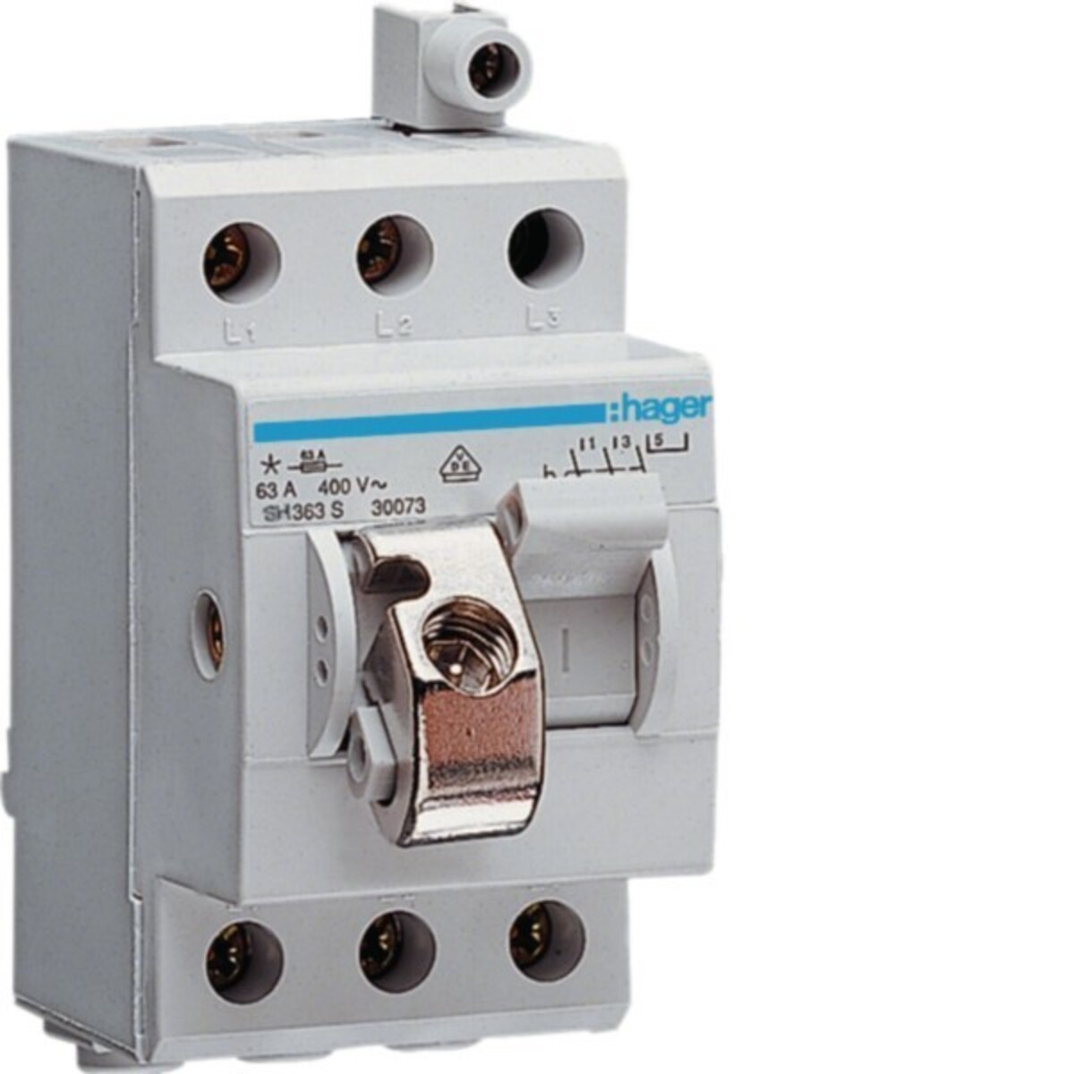 Un interruttore automatico elettrico bianco con un morsetto argentato e il marchio 'hager'. Ha diversi punti di connessione etichettati L1, L2 e L3.
