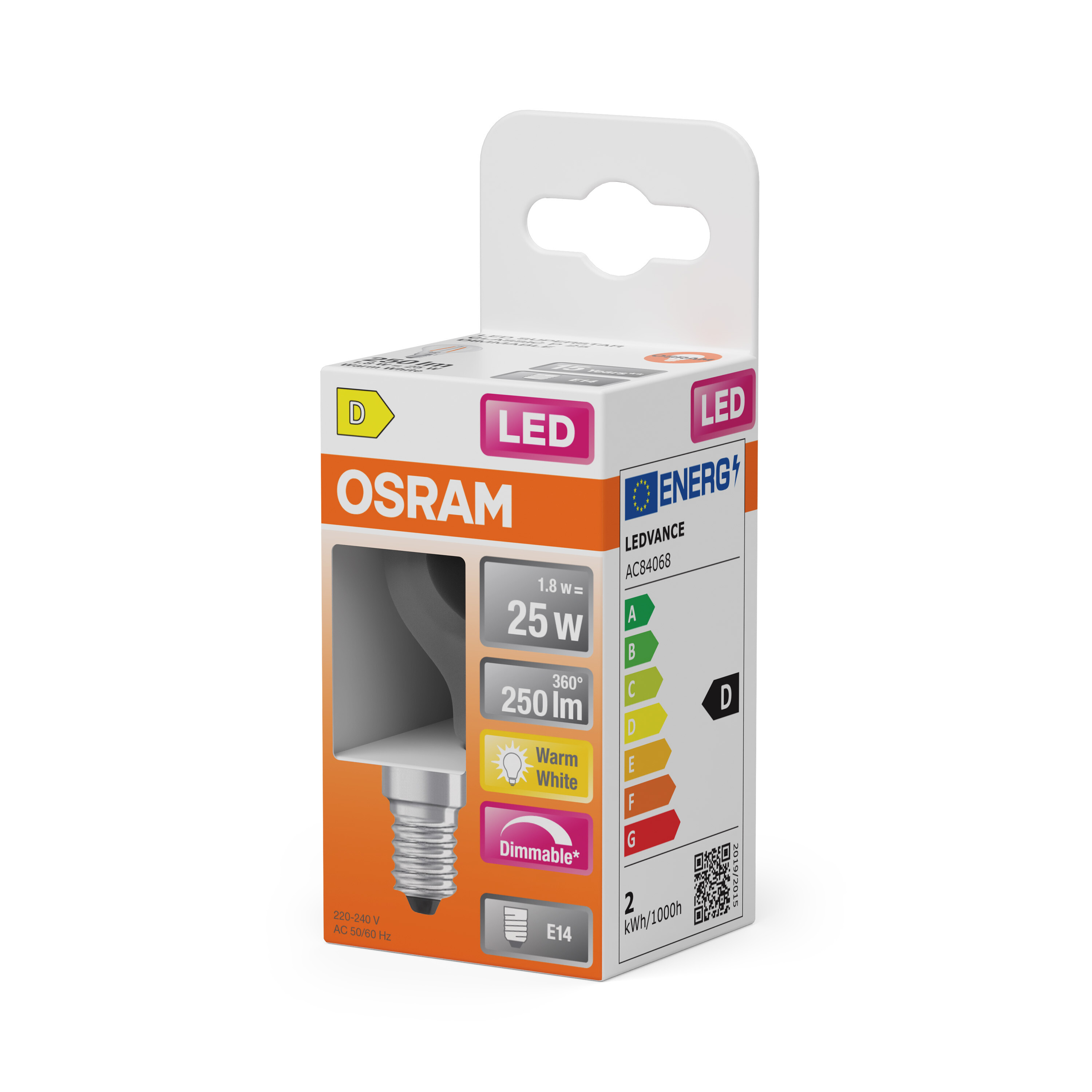 Eine Schachtel mit LED-Glühbirne von Osram, mit Angaben zur Energieeffizienz, weißer Hintergrund.