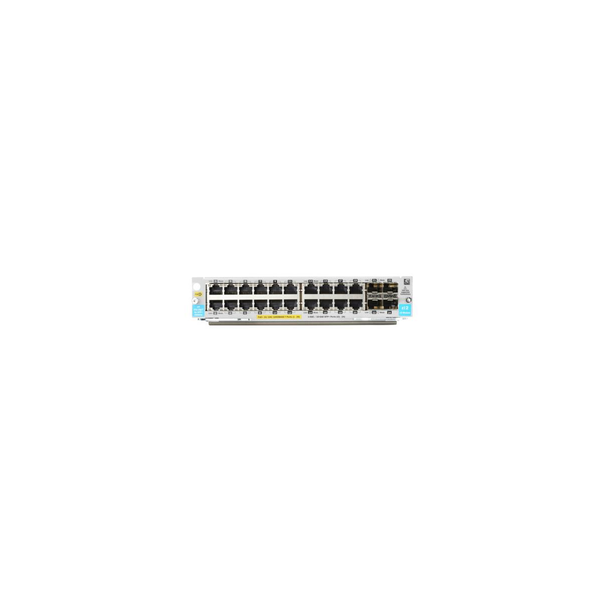 Ein Netzwerk-Switch mit mehreren Ports. Das Gerät ist silberfarben mit einem schwarz-gelben Etikett. Die Ports sind in zwei Reihen angeordnet.