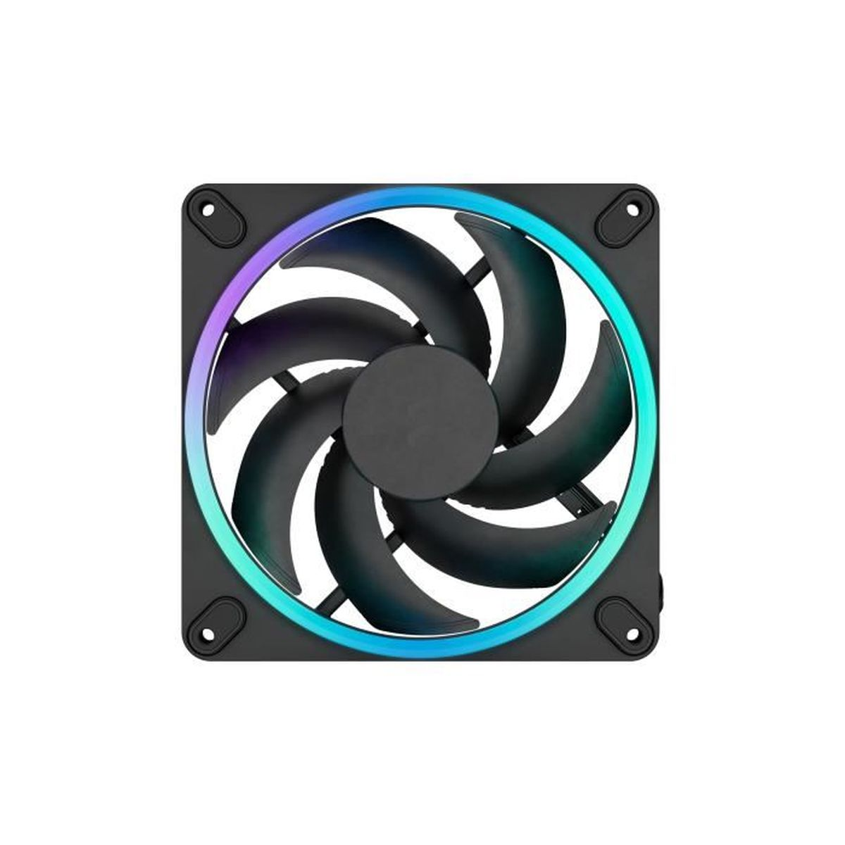 Ein Computerlüfter mit schwarzen Flügeln und einer zentralen Nabe. Er hat einen quadratischen Rahmen mit einem farbenfrohen LED-Ring.