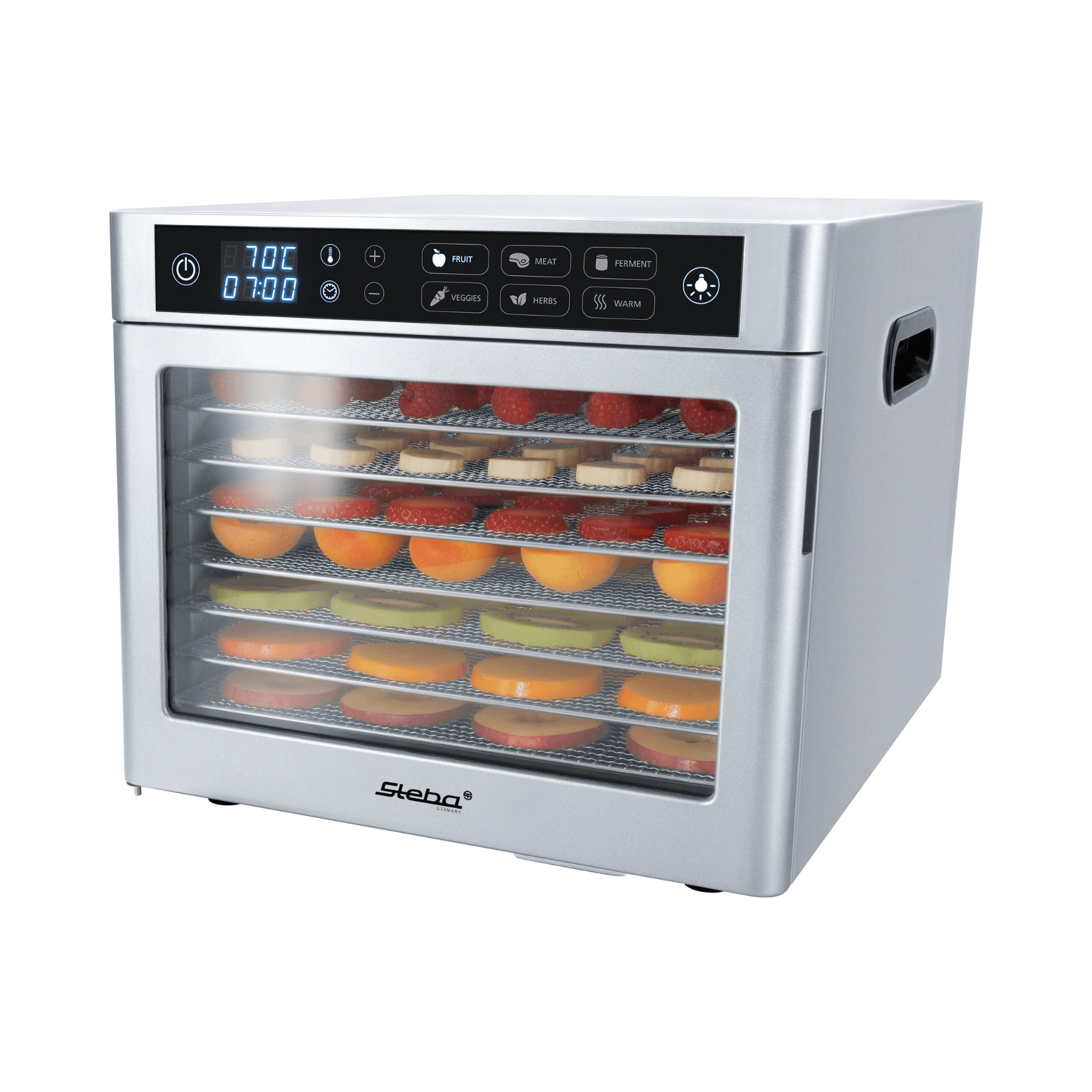 Ein silberner Dörrautomat mit verschiedenen Früchten auf den Racks. Das Display zeigt Temperatur und Zeit. Obst, Fleisch, Kräuter Optionen.