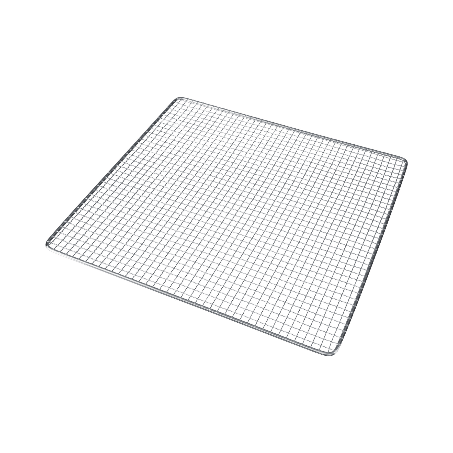Ein rechteckiges Metall-Kühlgitter mit Gittermuster. Es hat eine glänzende, silberne Farbe. Der Hintergrund ist weiß.