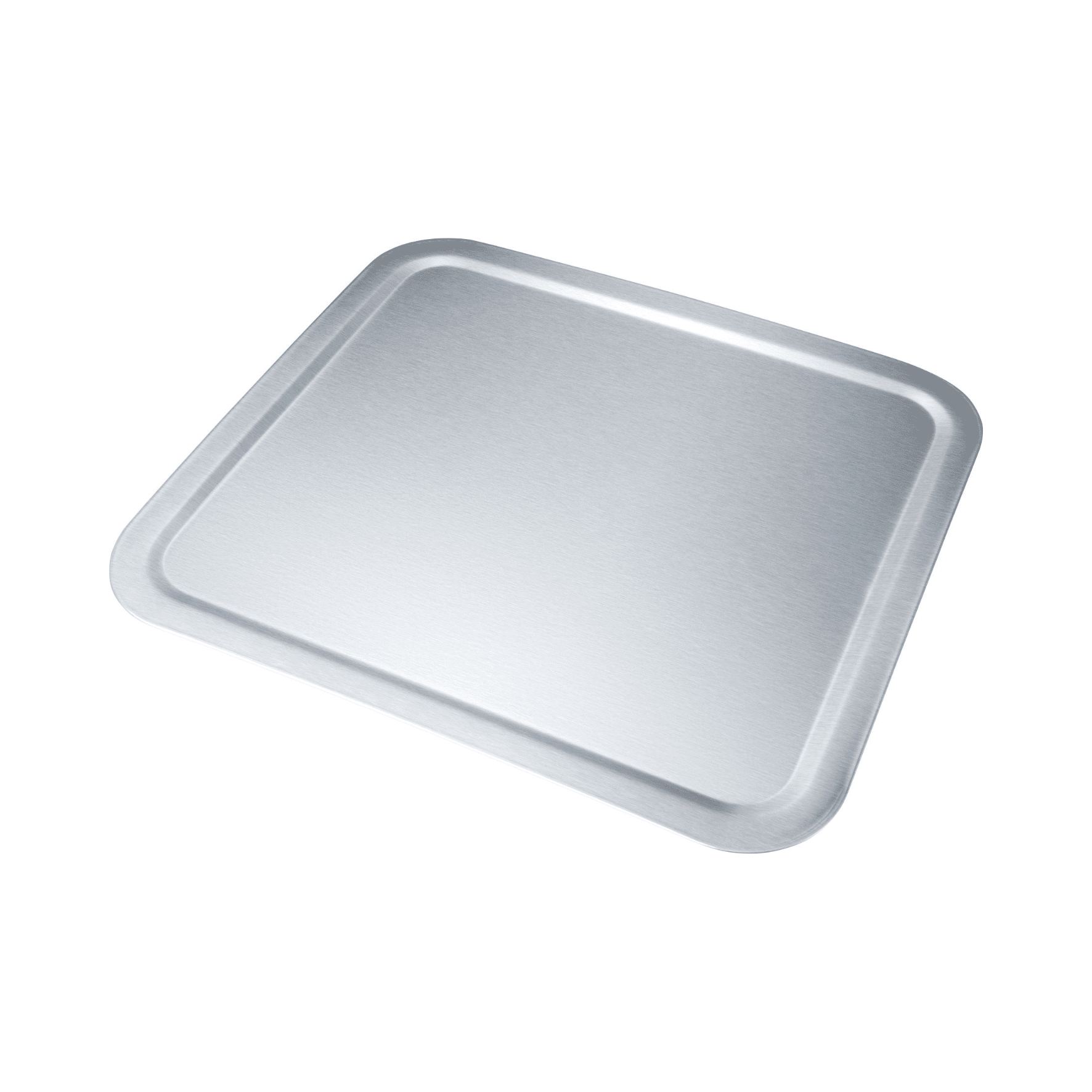 Ein quadratisches, silberfarbenes Metalltablett auf weißem Hintergrund. Das Tablett hat abgerundete Ecken und einen leicht erhöhten Rand.
