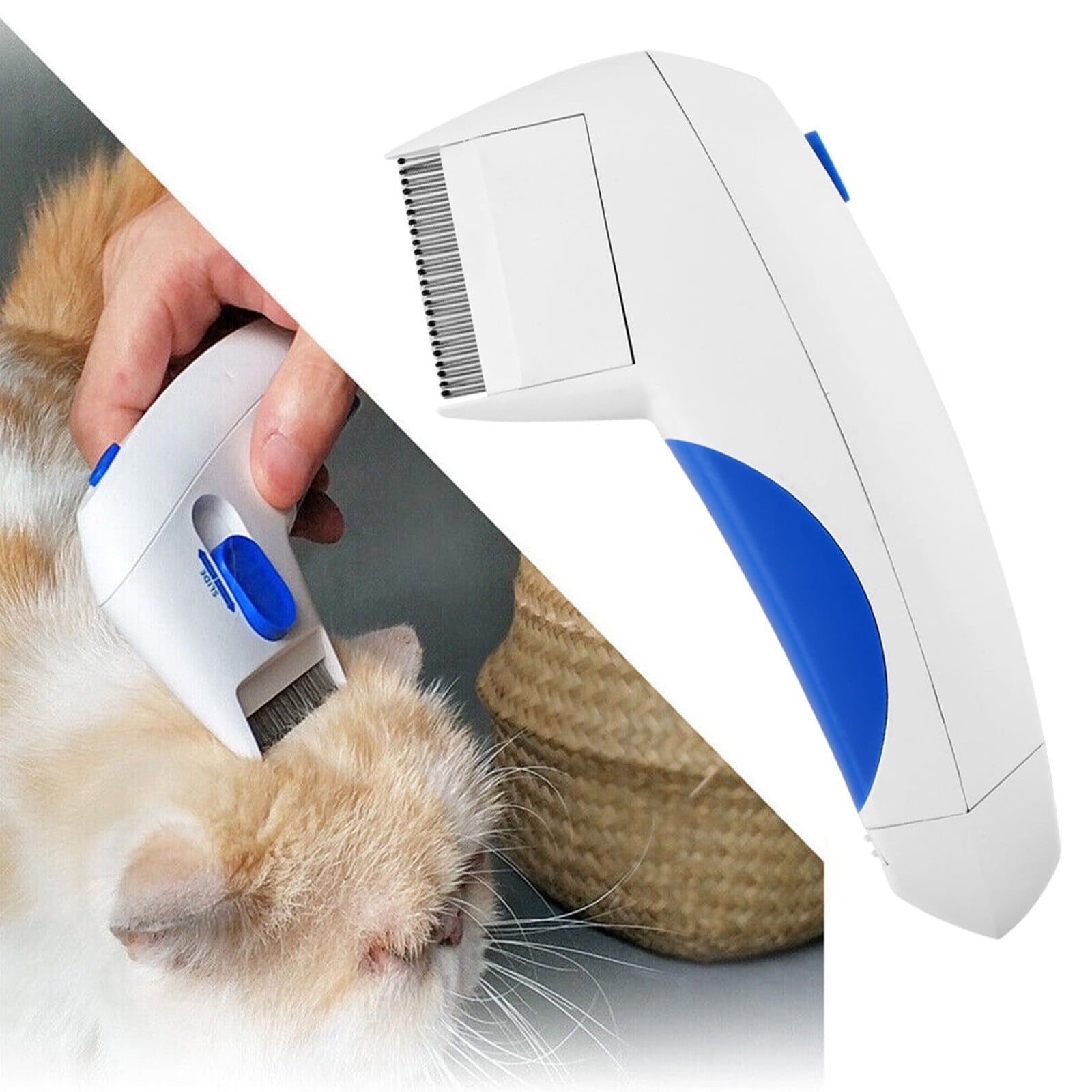 Ein weiß-blauer Flohkamm wird an einer Katze verwendet. Die Katze ist hellorange und weiß. Im Hintergrund ist ein Korb.
