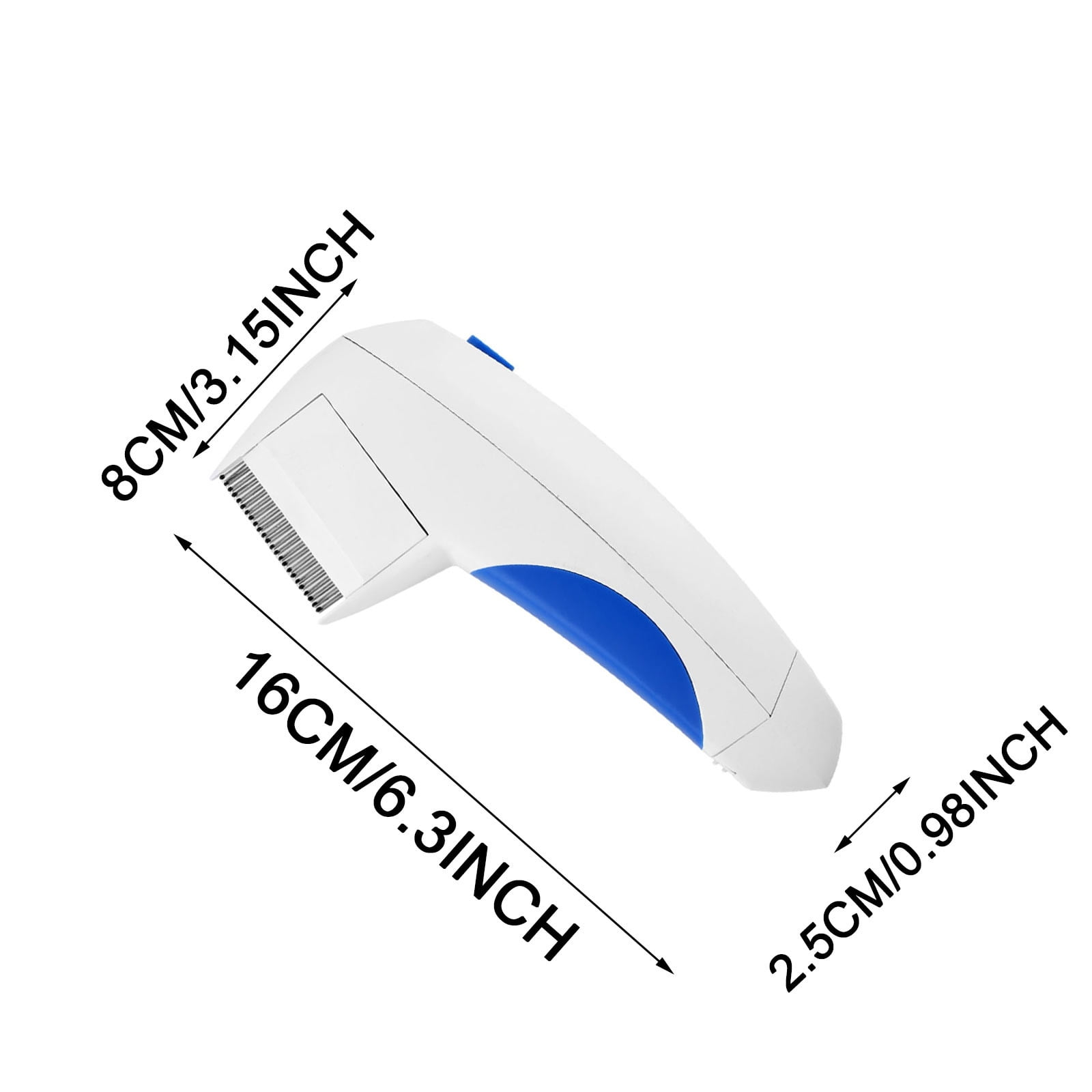 Ein weiß-blauer Läusekamm mit Maßangaben in Zentimetern und Zoll auf weißem Hintergrund.