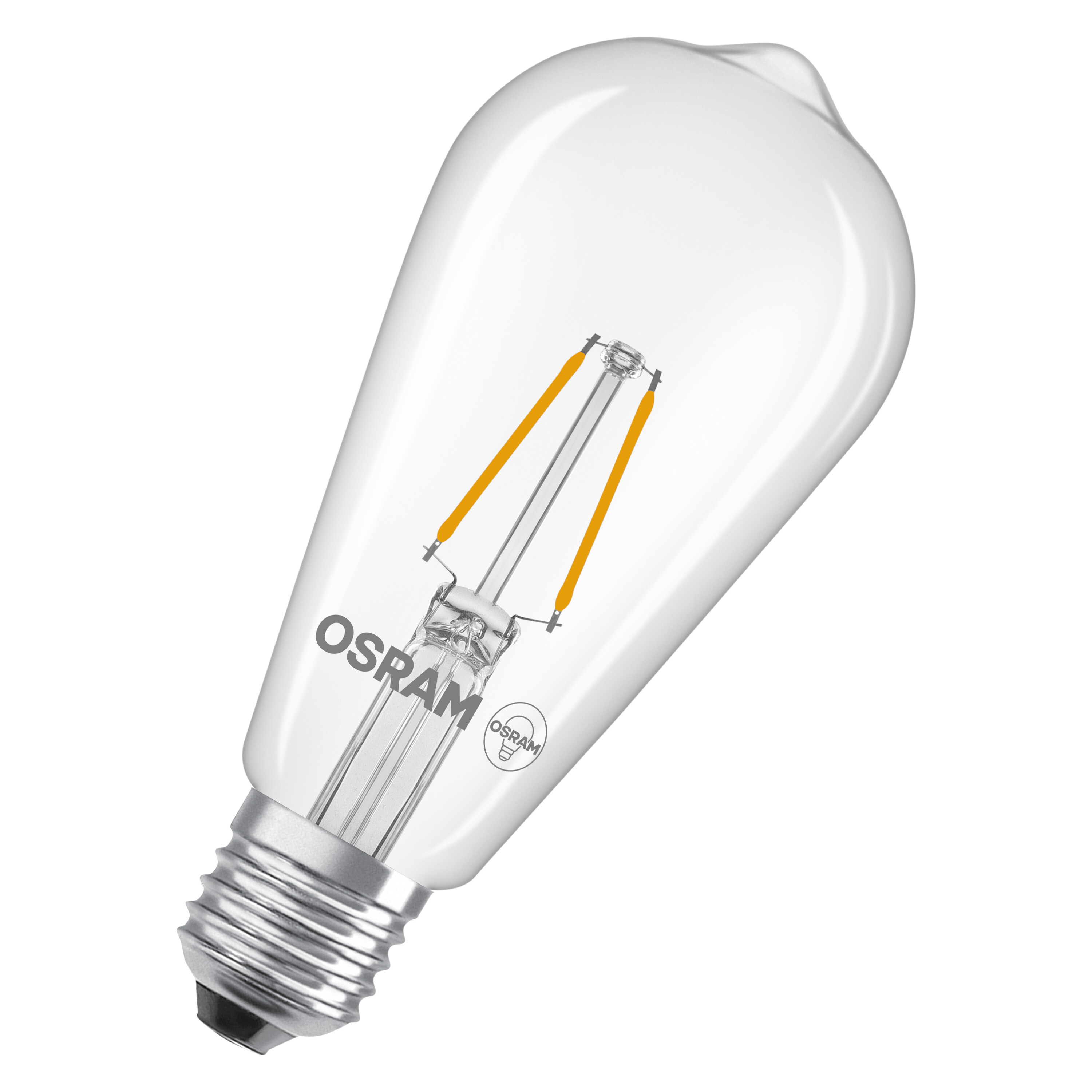 Una lampadina LED Osram trasparente a forma di pera. Ha una base argentata e filamenti gialli visibili.