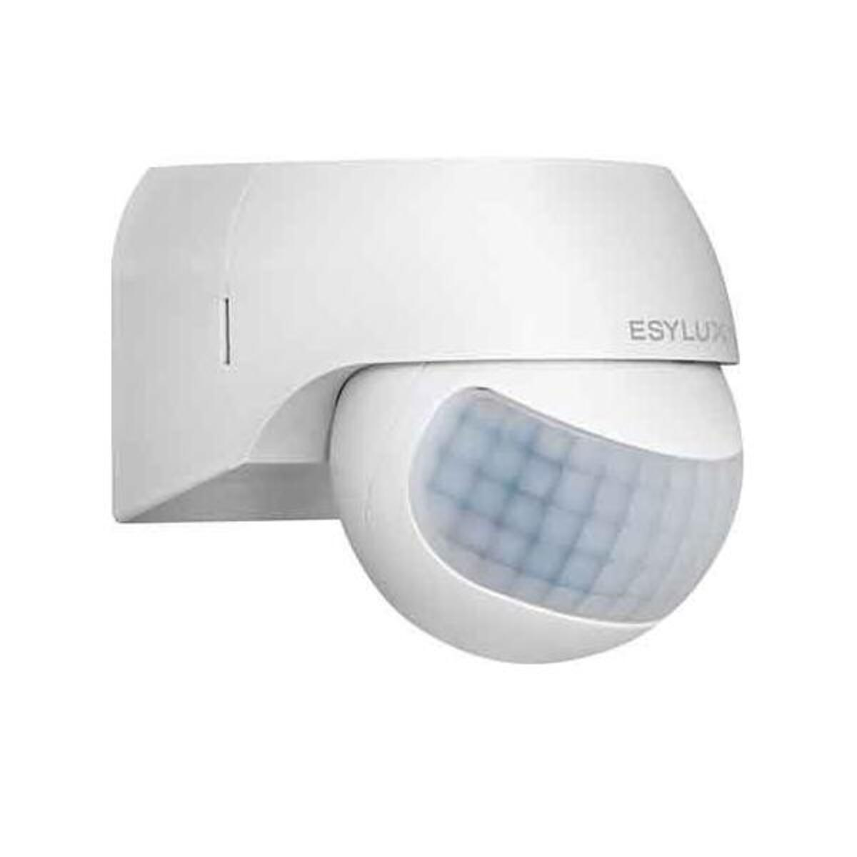 Un sensore di movimento ESYLUX bianco. Ha un design arrotondato con una lente a griglia ed è montato a parete.