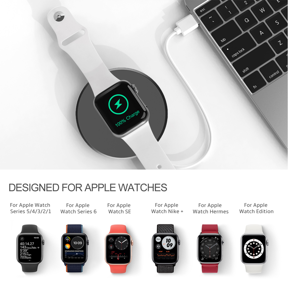 Eine Apple Watch wird auf einem weißen Pad aufgeladen, das mit einem Laptop verbunden ist. Mehrere Uhrenmodelle werden zur Kompatibilität beworben.