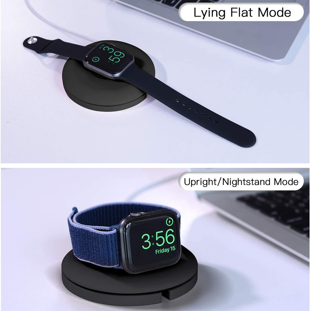 Eine Apple Watch auf einer schwarzen Ladestation. Das obere Bild zeigt die flach liegende Uhr, das untere die aufrechte.