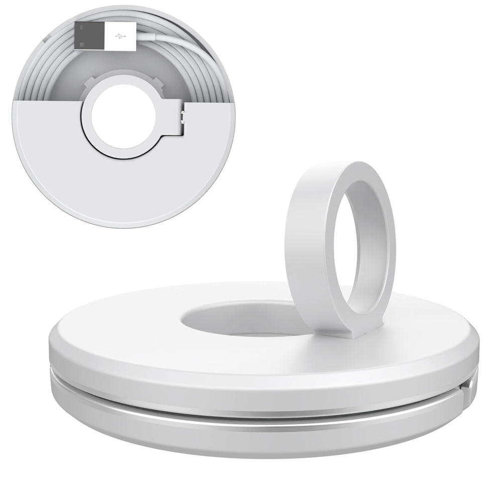Weißer Kabelorganizer mit Ring und Fach für ein USB-Kabel. Der Organizer ist kreisförmig mit einem zentralen Loch.