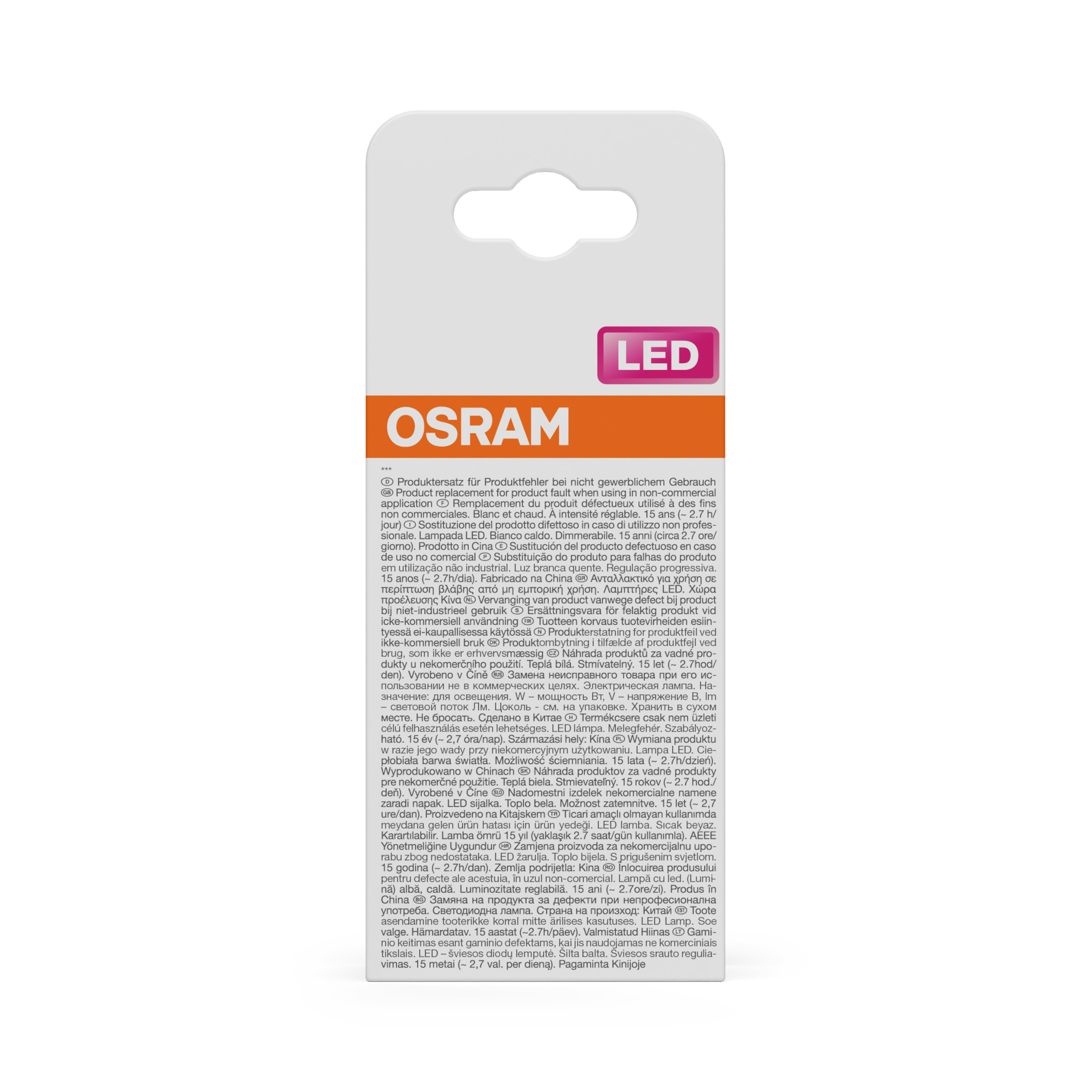 Weiße und graue Produktverpackung für eine LED-Glühbirne mit Text in mehreren Sprachen.