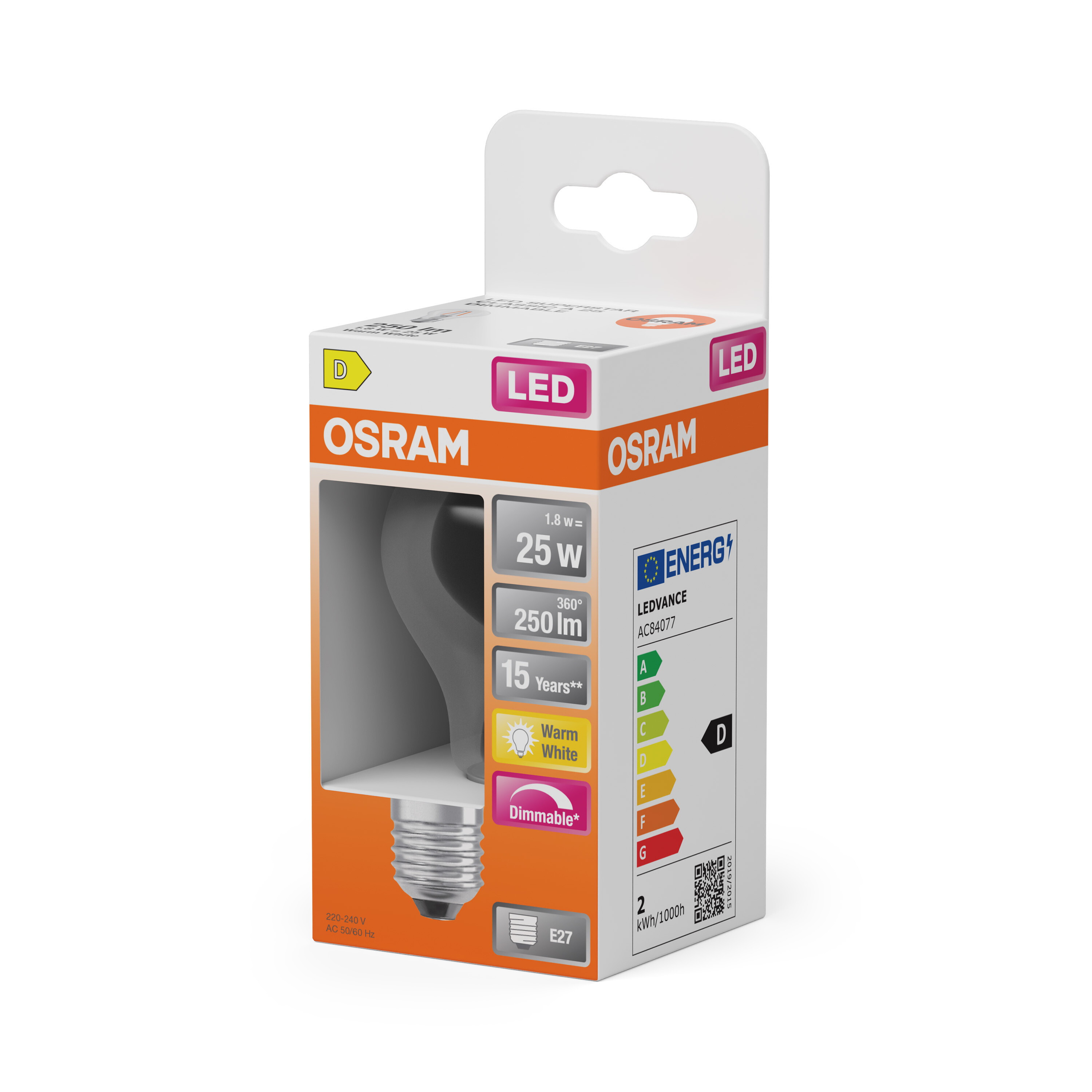 Eine Schachtel mit OSRAM LED-Glühbirne. Die Schachtel ist weiß, orange und grau mit Details über die Glühbirne.