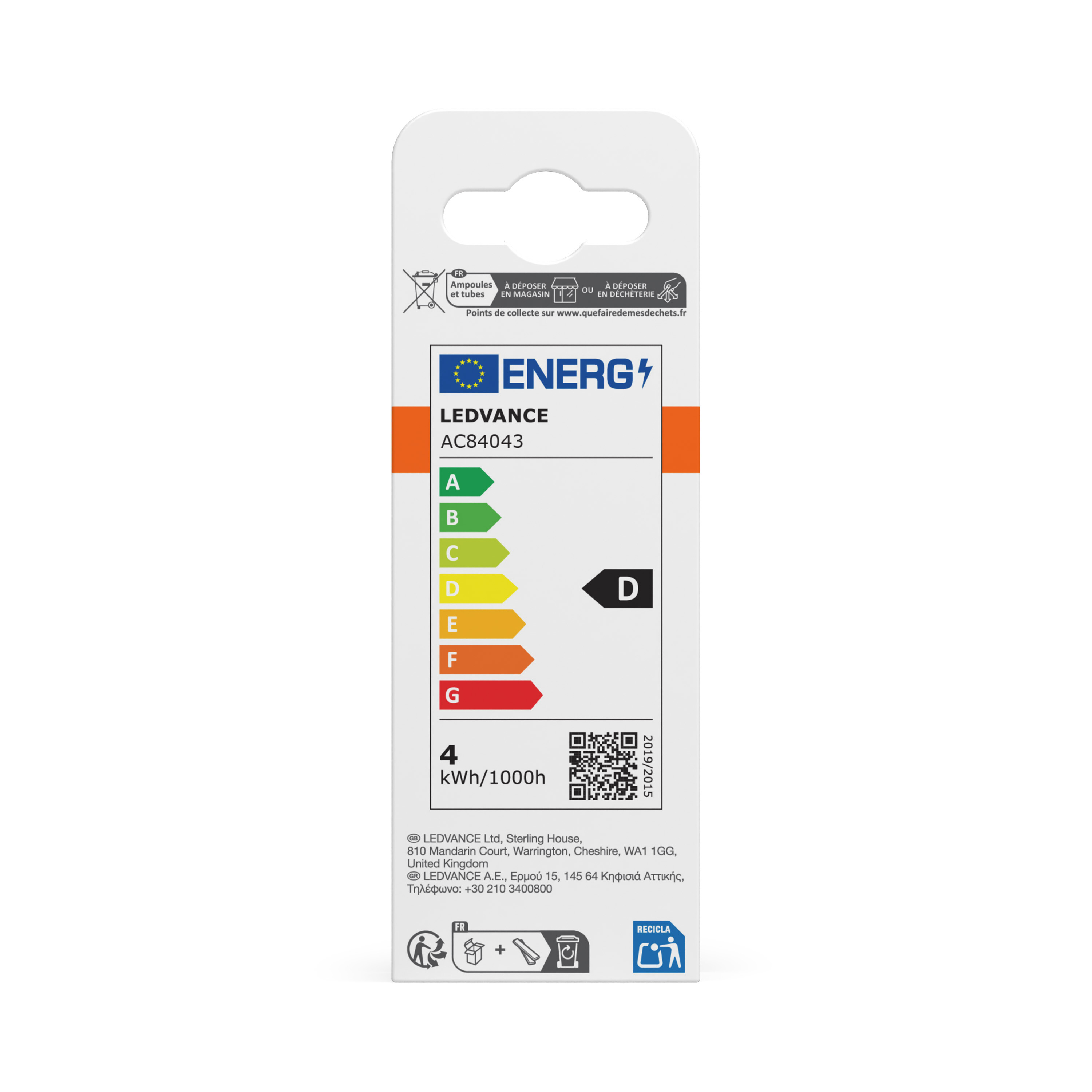Eine weiße Verpackung mit Energielabel, D-Bewertung und LEDVANCE-Logo.