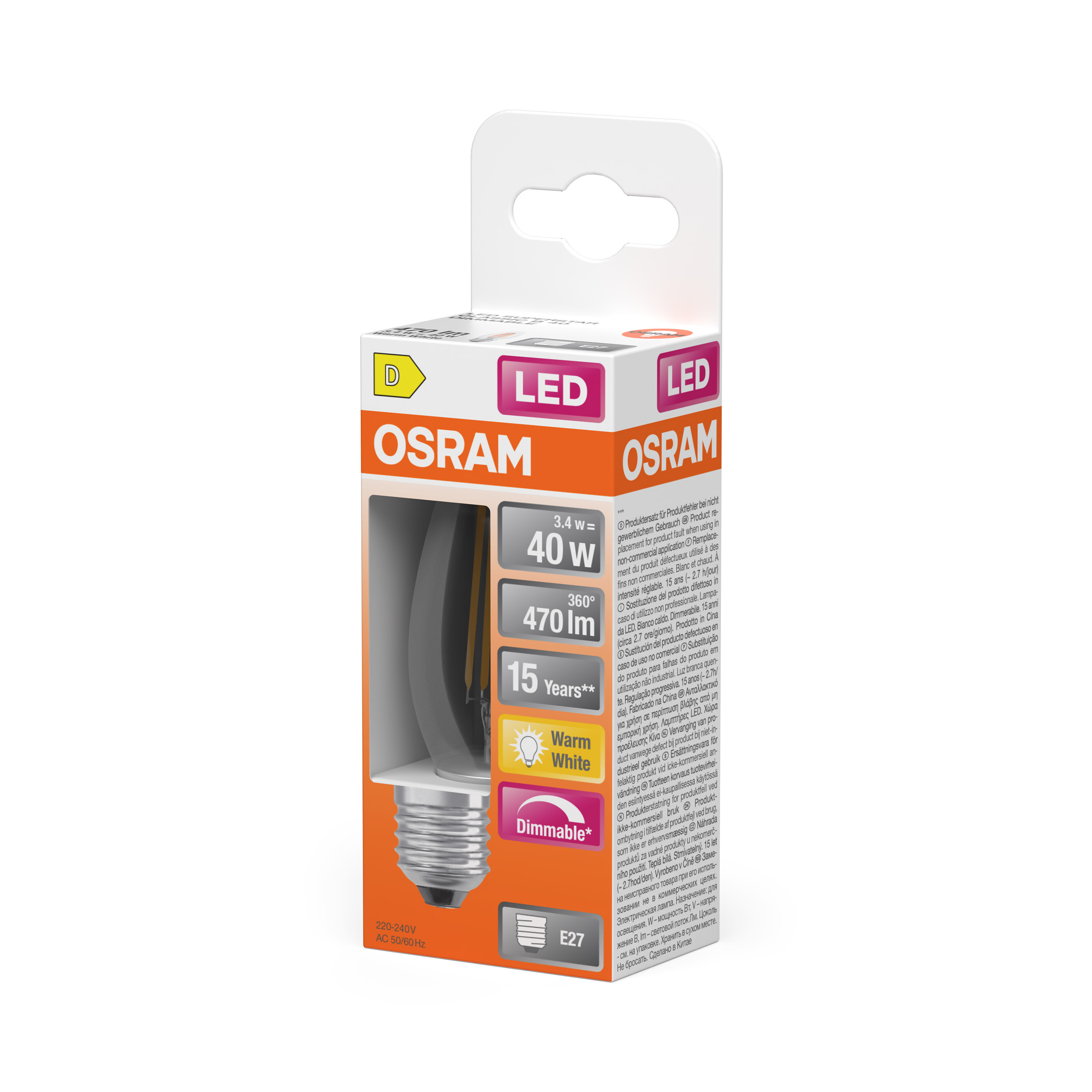 Eine Osram LED-Glühbirnenbox. Die Box ist weiß und orange. Die Glühbirne ist sichtbar.